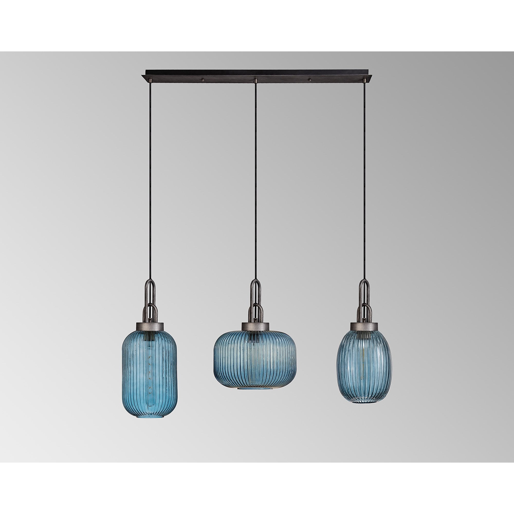 Fabula Springfield 3 Light Linear Pendant - Mixed Glass Shades - Aged Pewter & Petrol Blue Glass