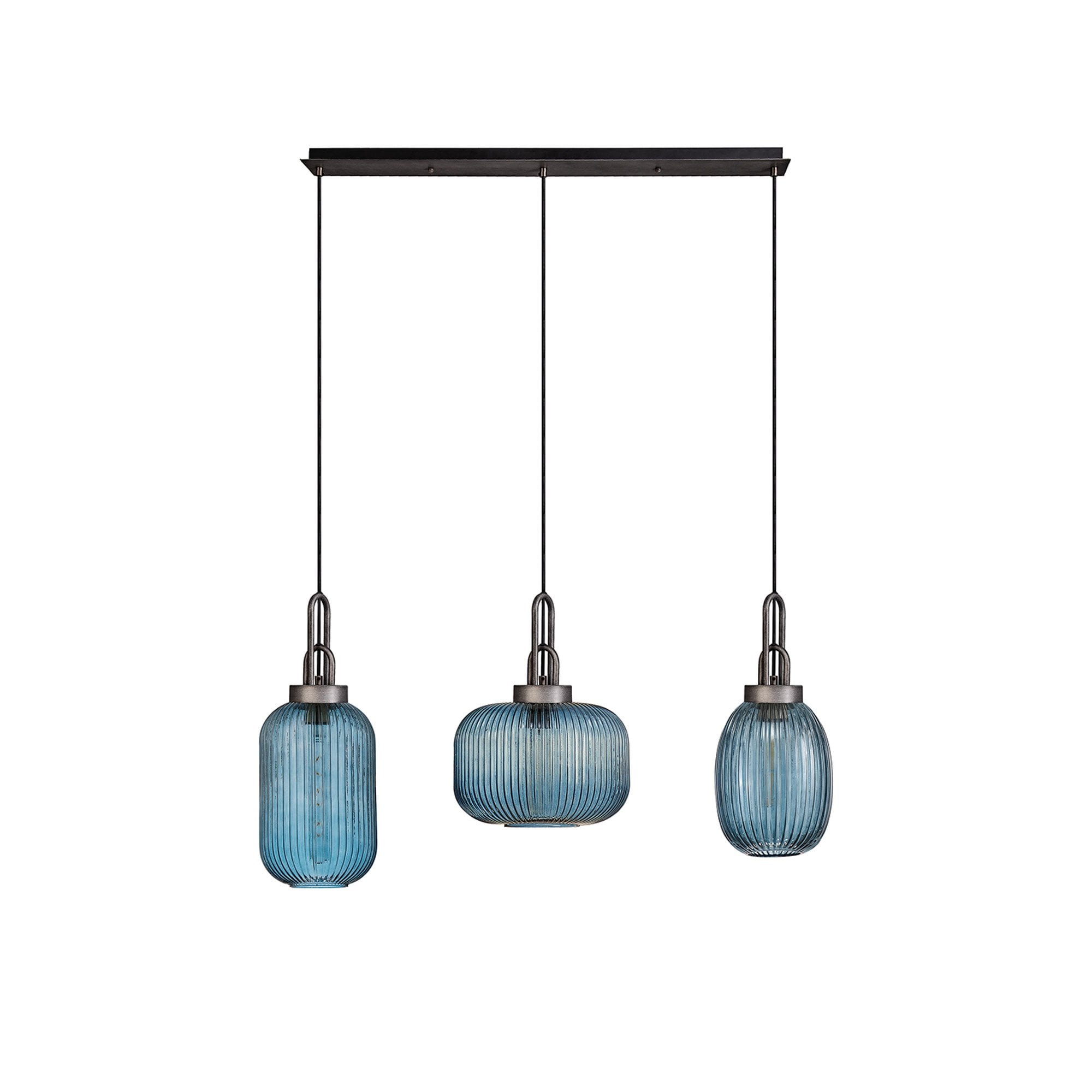 Fabula Springfield 3 Light Linear Pendant - Mixed Glass Shades - Aged Pewter & Petrol Blue Glass
