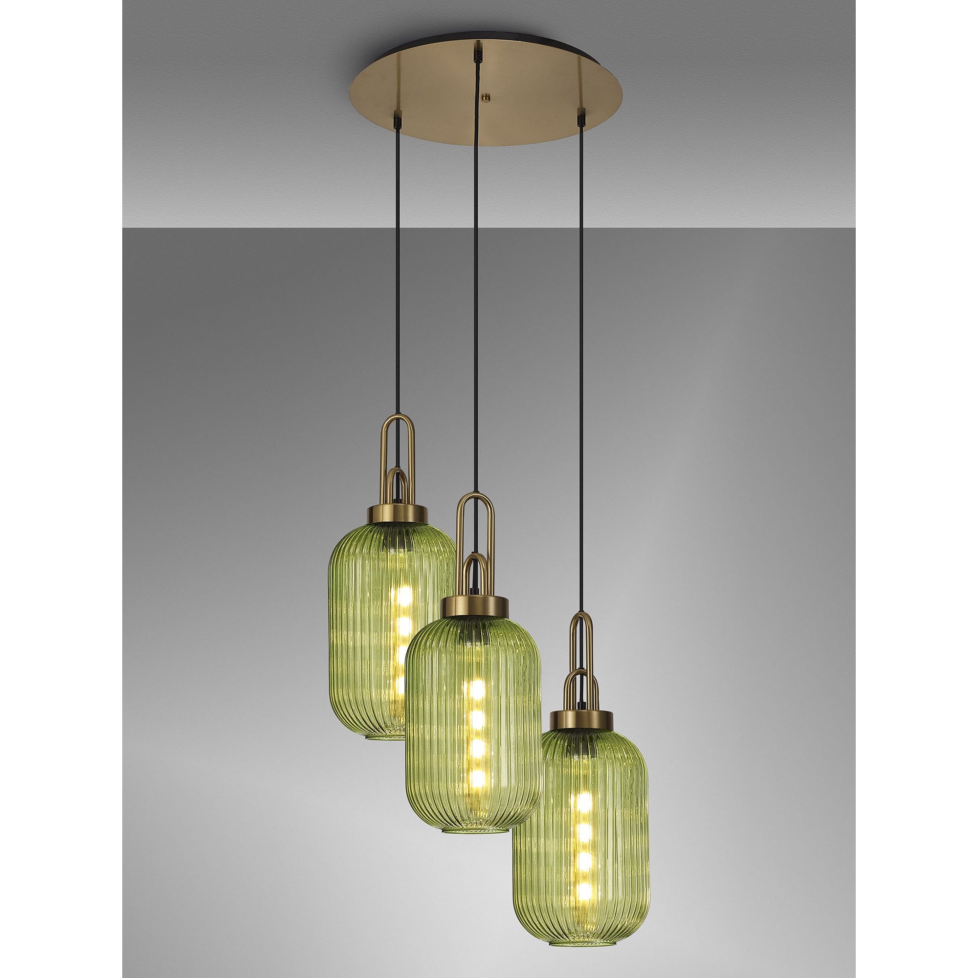 Fabula Springfield 3 Light Round Pendant - 20cm Tubular Ribbed Glass Shades - Brass Gold & Green Glass