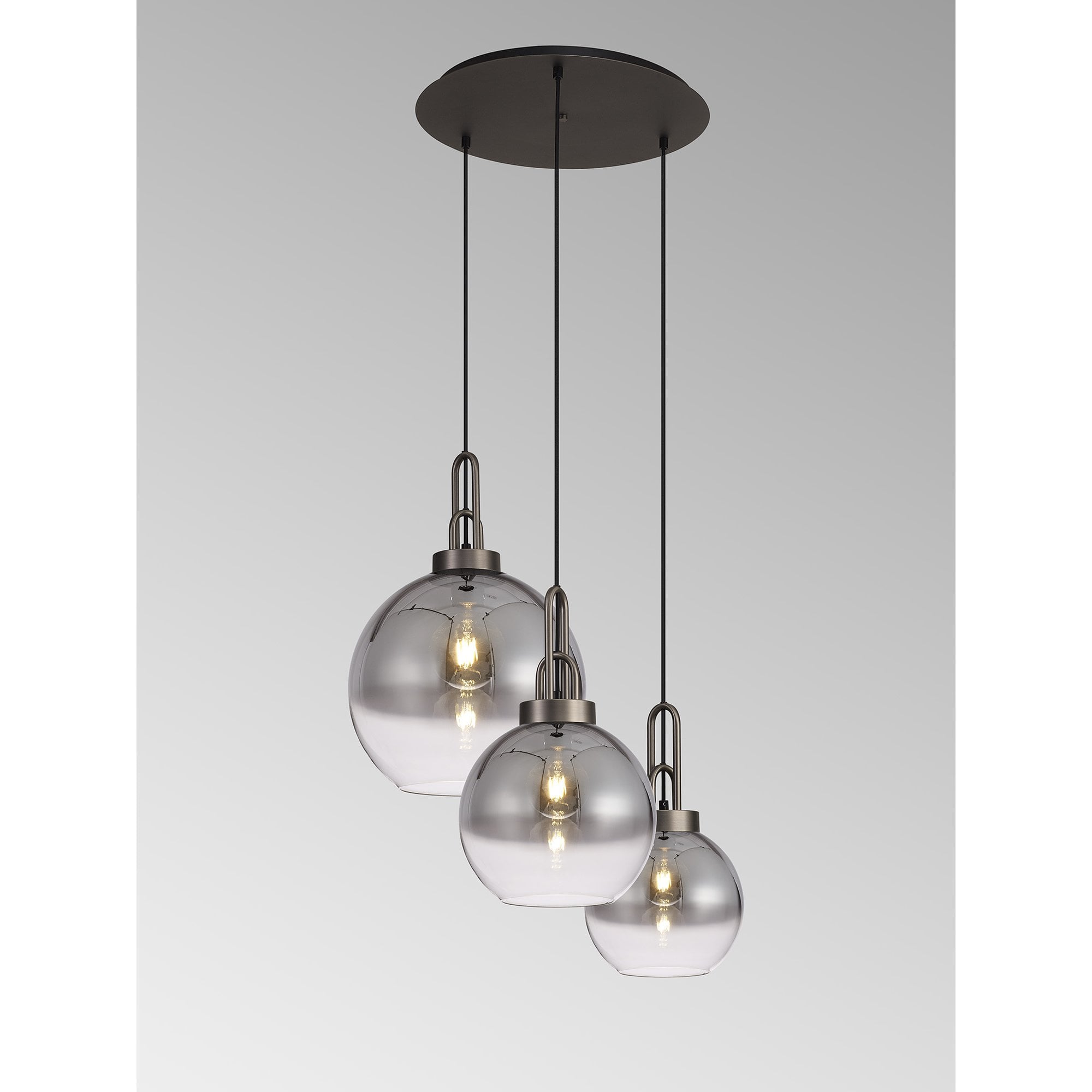 Fabula Springfield 3 Light Round Pendant - Mixed Glass Shades - Antique Silver & Smoked Fade Glass