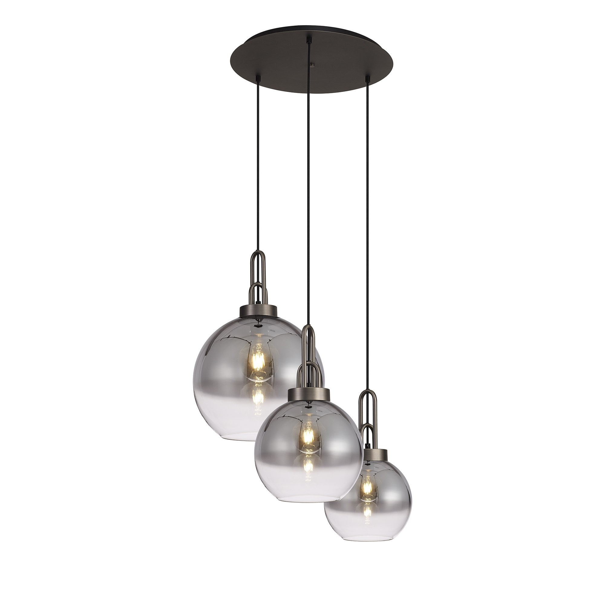 Fabula Springfield 3 Light Round Pendant - Mixed Glass Shades - Antique Silver & Smoked Fade Glass
