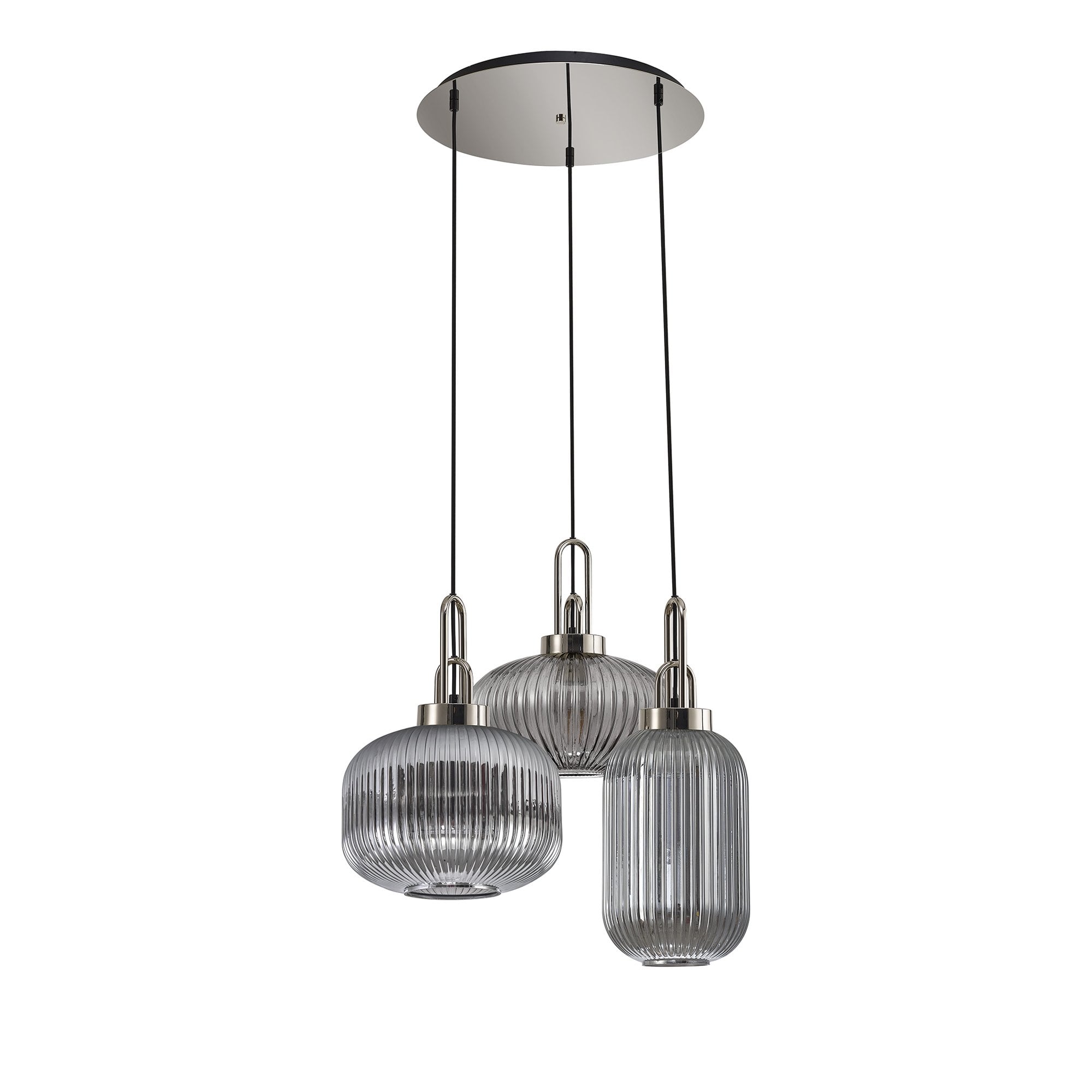 Fabula Springfield 3 Light Round Pendant - Mixed Glass Shades - Polished Nickel & Smoked Fade Glass