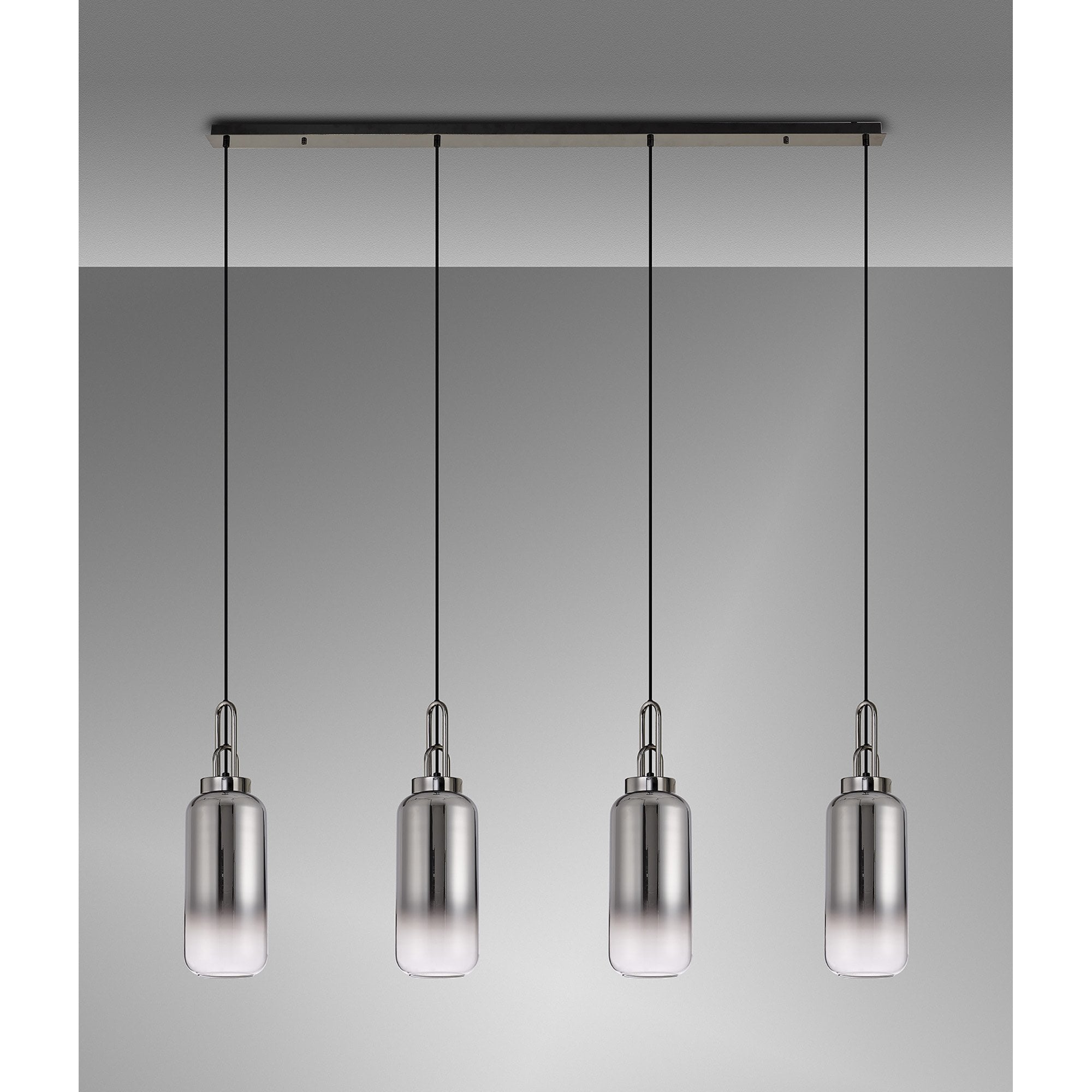 Fabula Springfield 4 Light Linear Pendant - 16cm Cylinder Glass Shades - Black Chrome & Smoked Fade Glass