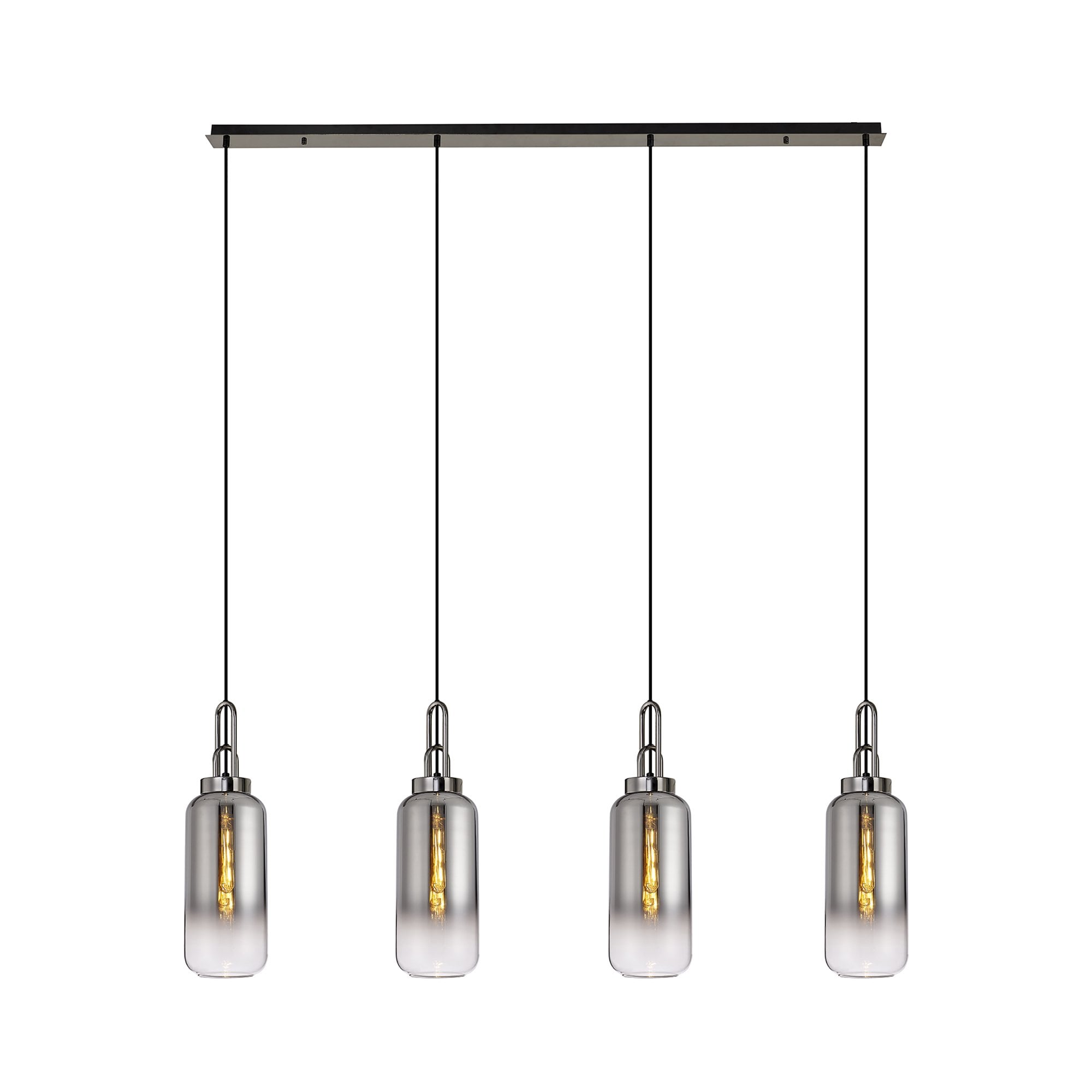 Fabula Springfield 4 Light Linear Pendant - 16cm Cylinder Glass Shades - Black Chrome & Smoked Fade Glass