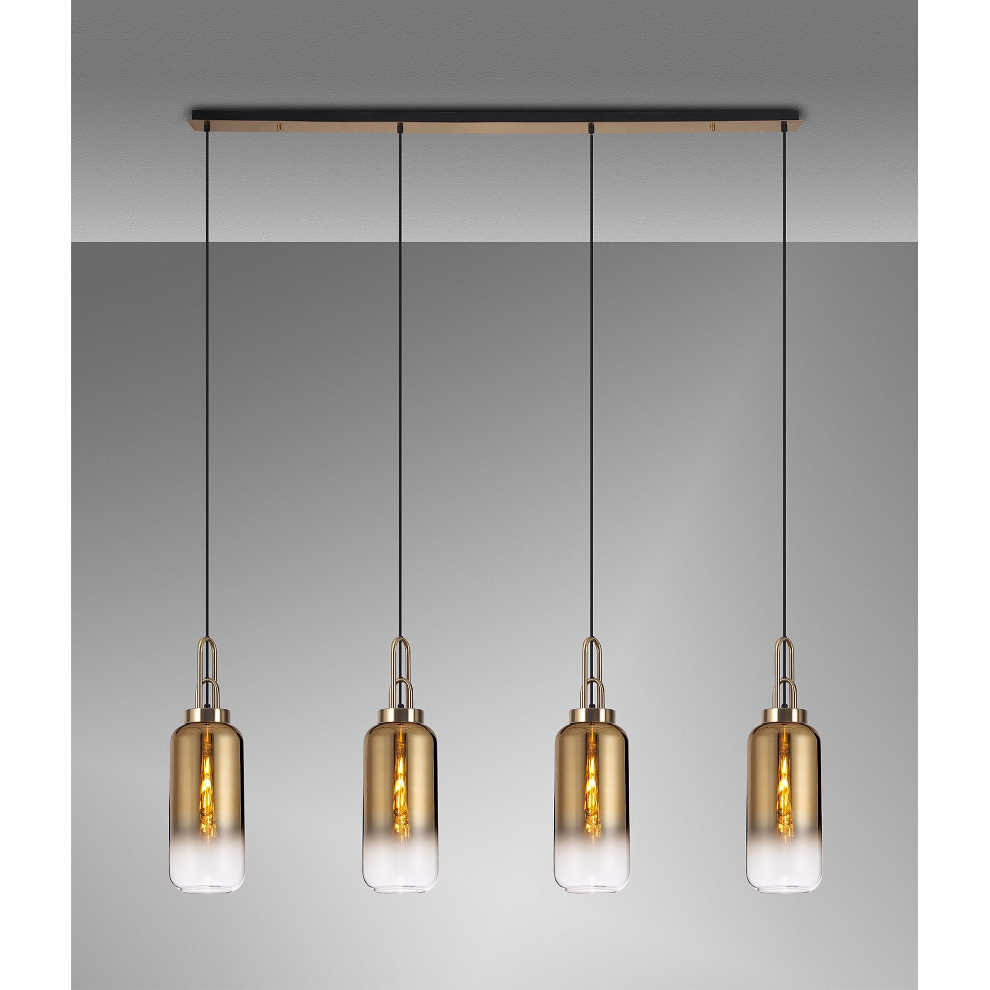 Fabula Springfield 4 Light Linear Pendant - 16cm Cylinder Glass Shades - Brass Gold & Brass Gold Fade Glass