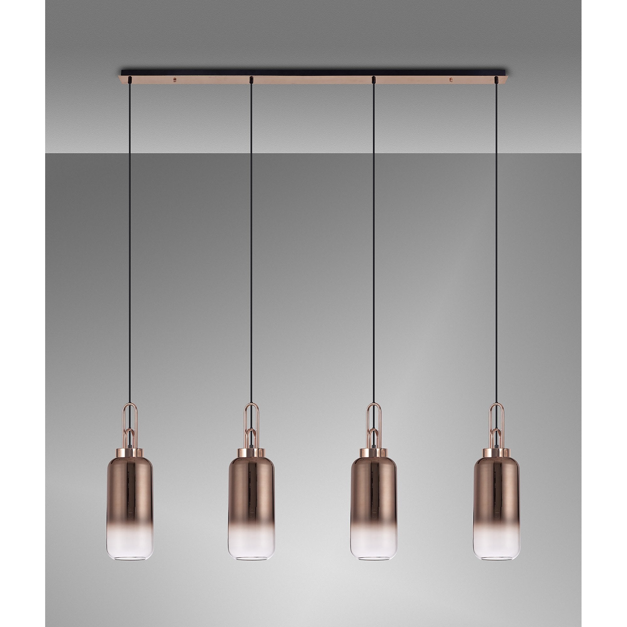 Fabula Springfield 4 Light Linear Pendant - 16cm Cylinder Glass Shades - Copper & Copper Fade Glass