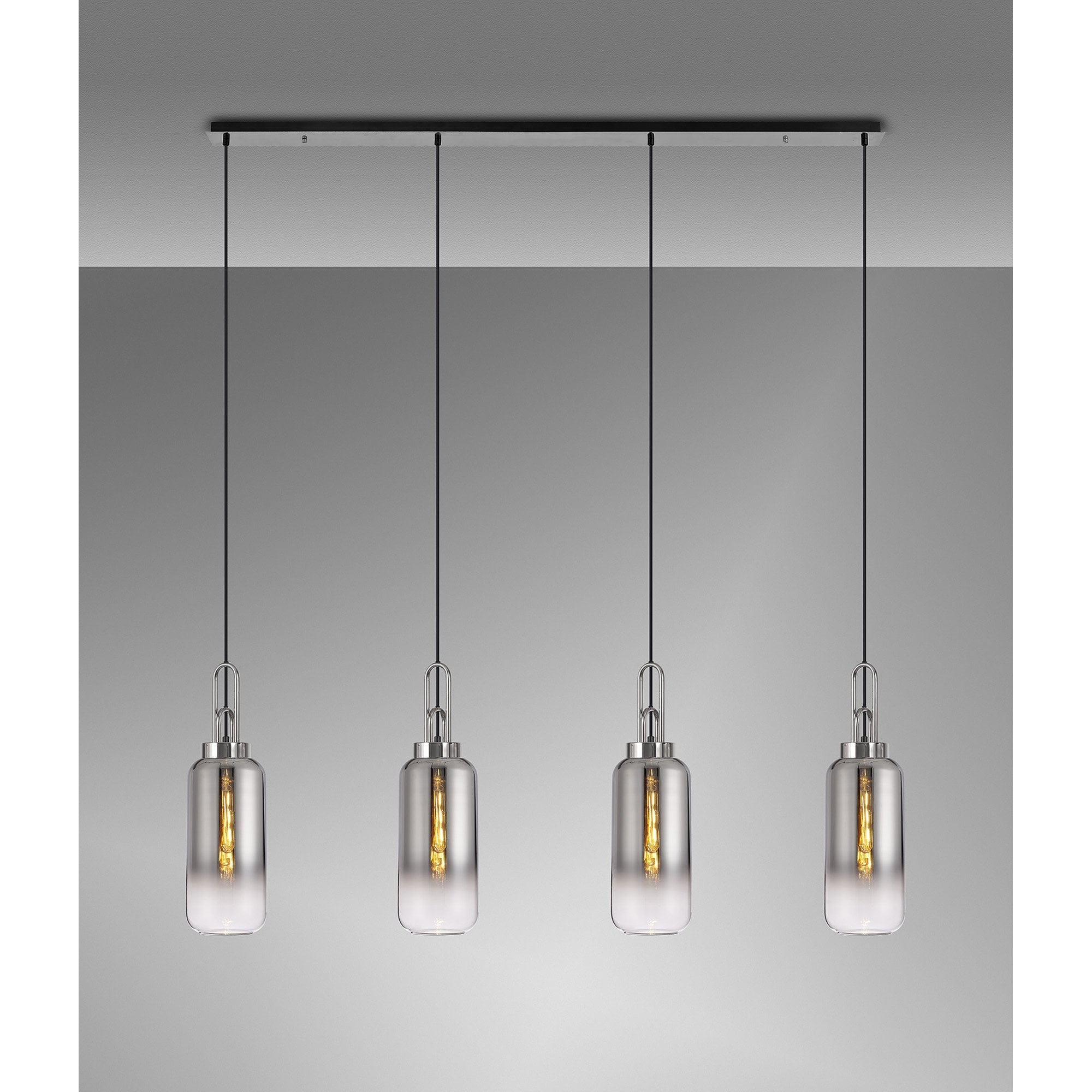 Fabula Springfield 4 Light Linear Pendant - 16cm Cylinder Glass Shades - Polished Nickel & Smoked Fade Glass