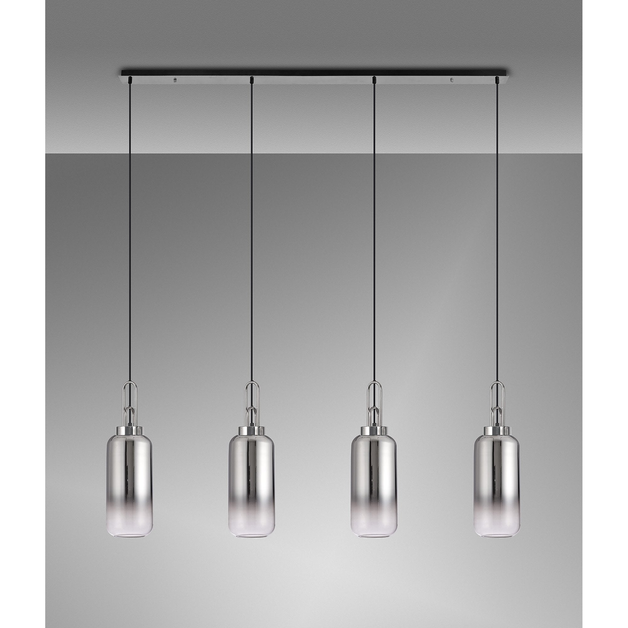 Fabula Springfield 4 Light Linear Pendant - 16cm Cylinder Glass Shades - Polished Nickel & Smoked Fade Glass