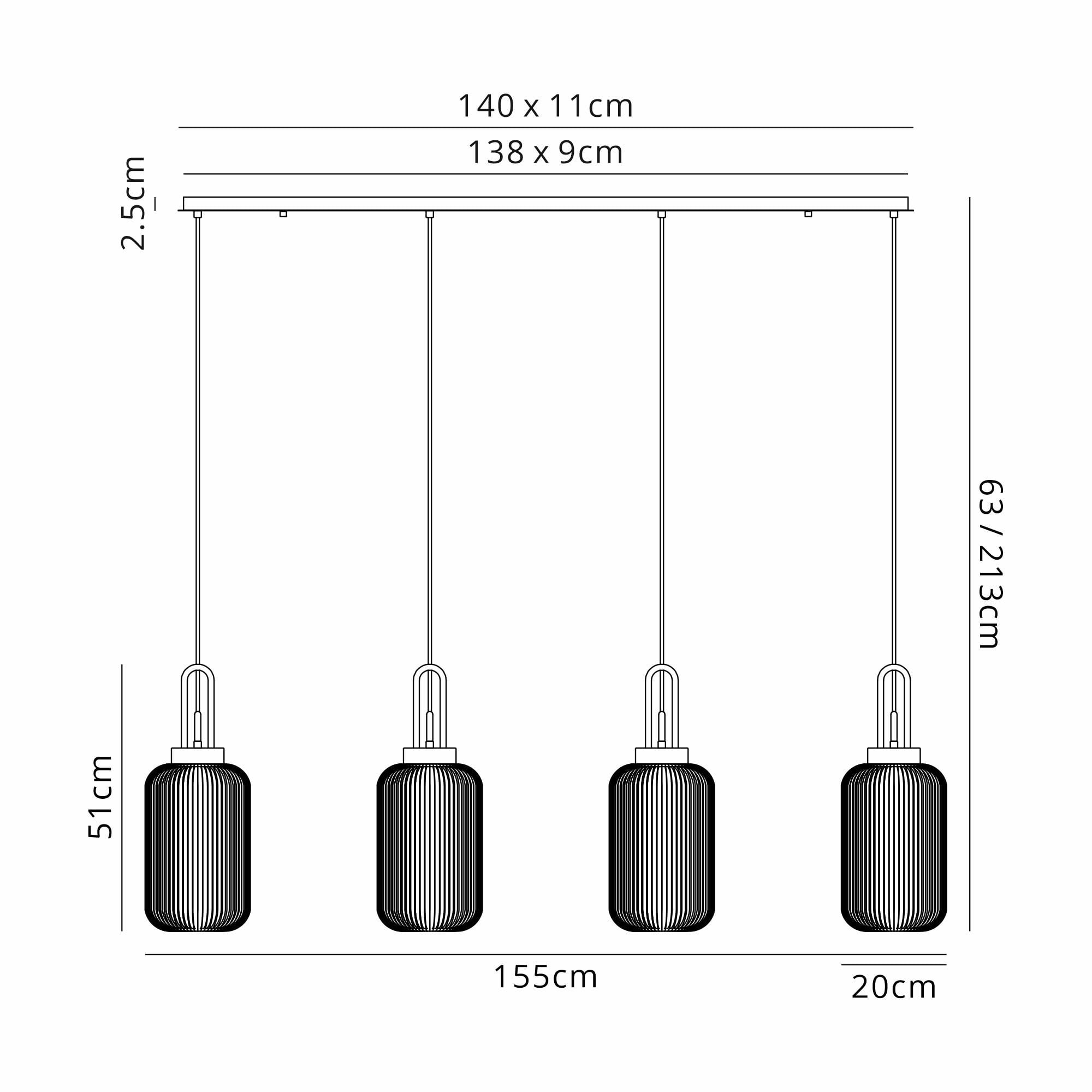 Fabula Springfield 4 Light Linear Pendant - 20cm Tubular Ribbed Glass Shades - Aged Pewter, Smoked & Champagne Glass
