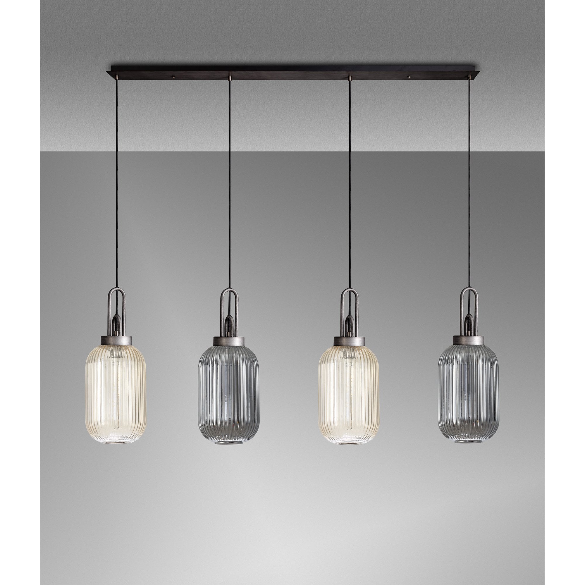 Fabula Springfield 4 Light Linear Pendant - 20cm Tubular Ribbed Glass Shades - Aged Pewter, Smoked & Champagne Glass