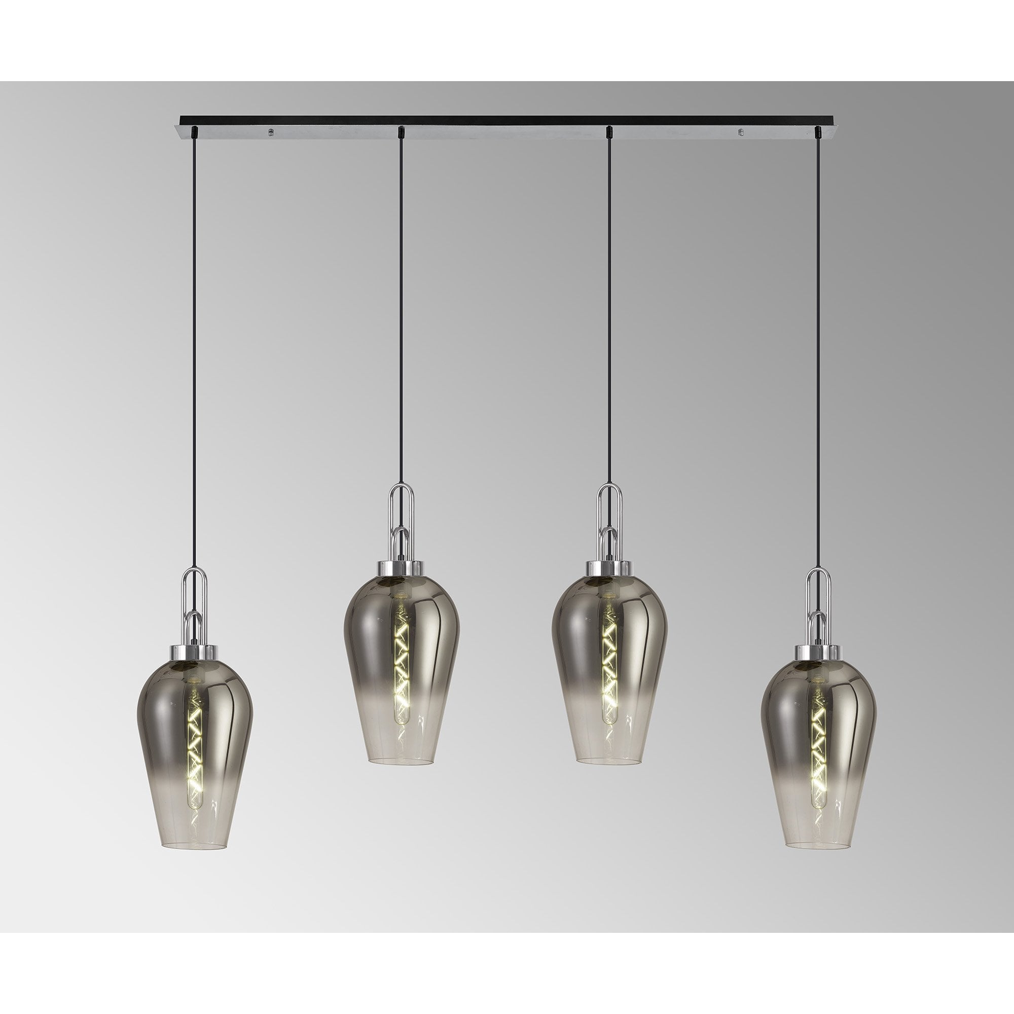Fabula Springfield 4 Light Linear Pendant - 23cm Pear Glass Shades - Polished Nickel, Clear & Smoked Glass