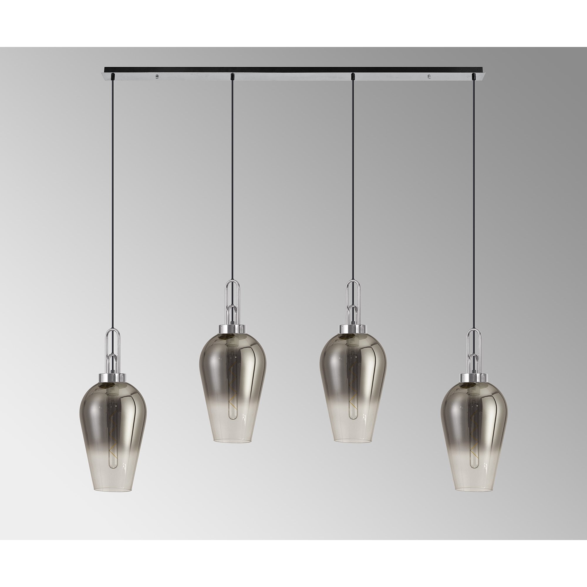 Fabula Springfield 4 Light Linear Pendant - 23cm Pear Glass Shades - Polished Nickel, Clear & Smoked Glass