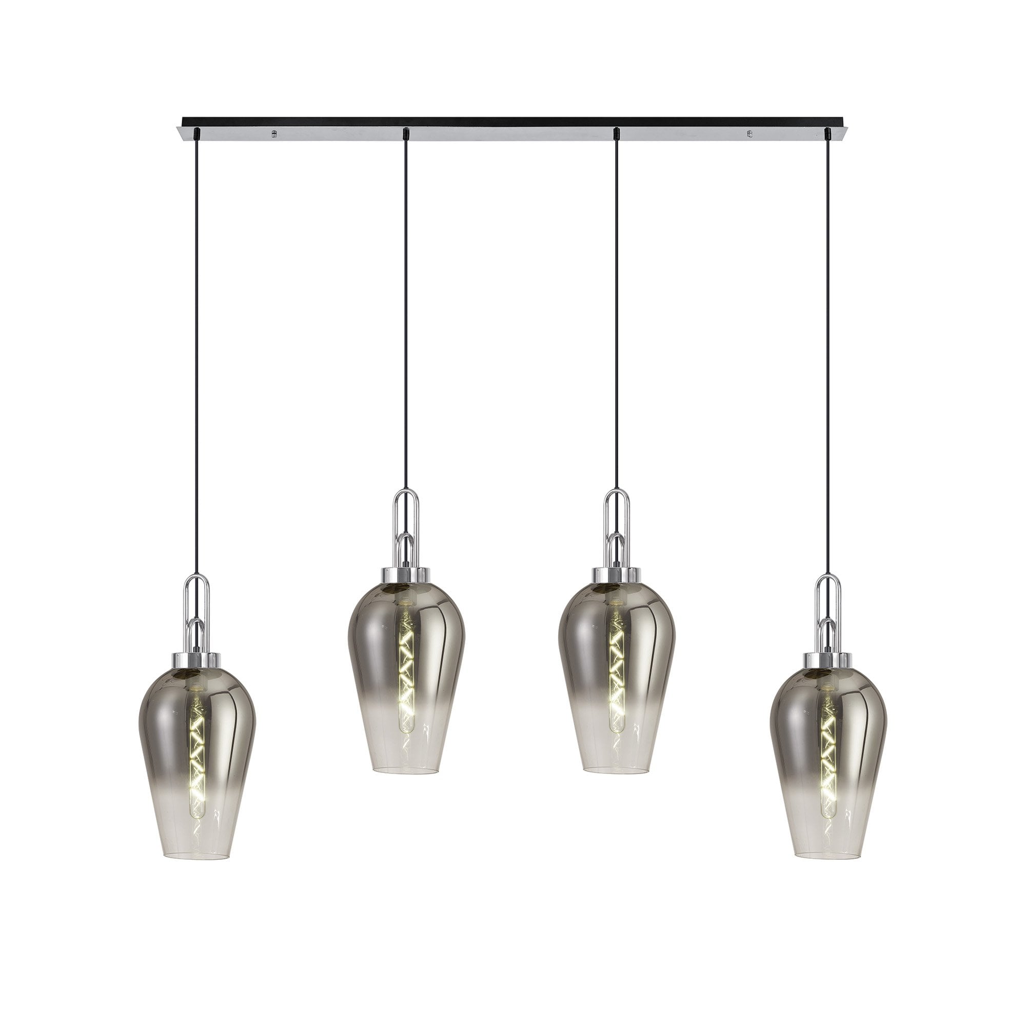 Fabula Springfield 4 Light Linear Pendant - 23cm Pear Glass Shades - Polished Nickel, Clear & Smoked Glass