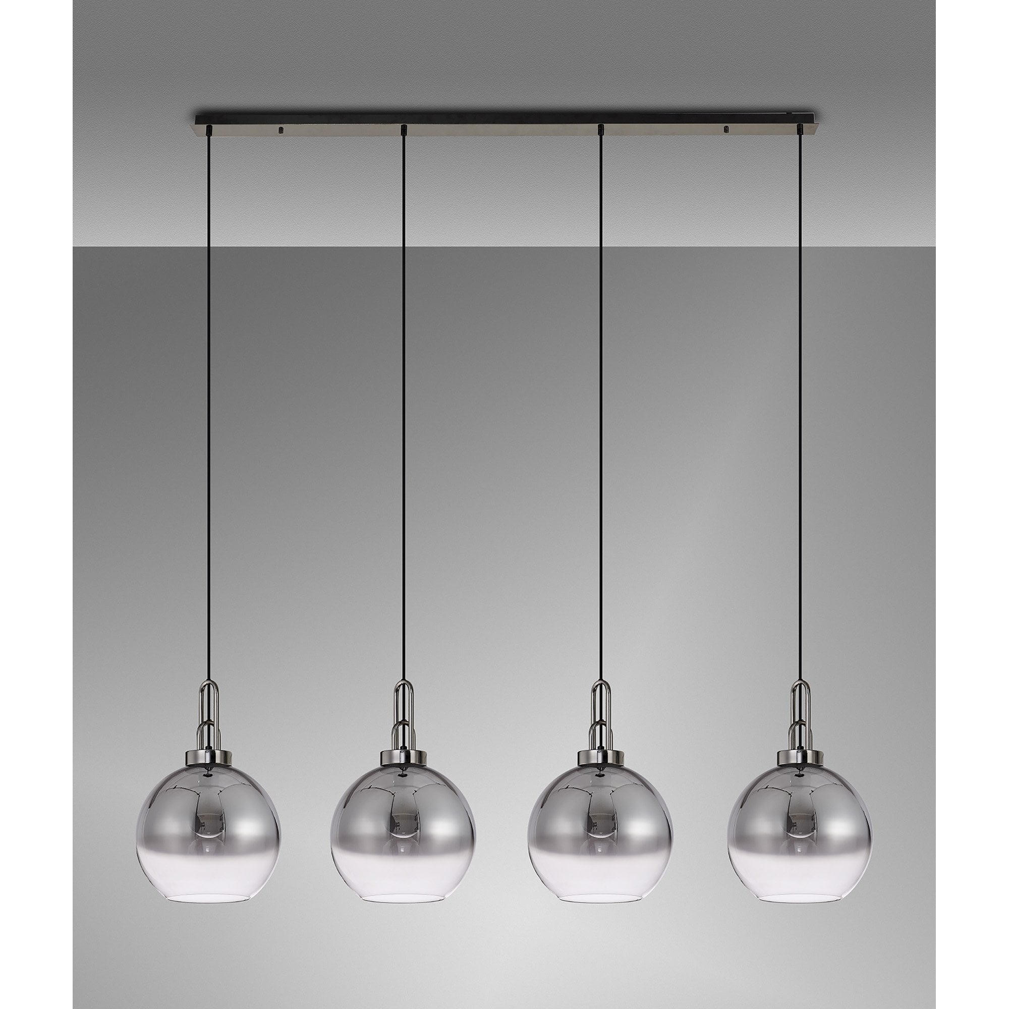 Fabula Springfield 4 Light Linear Pendant - 30cm Globe Glass Shades - Black Chrome & Smoked Fade Glass