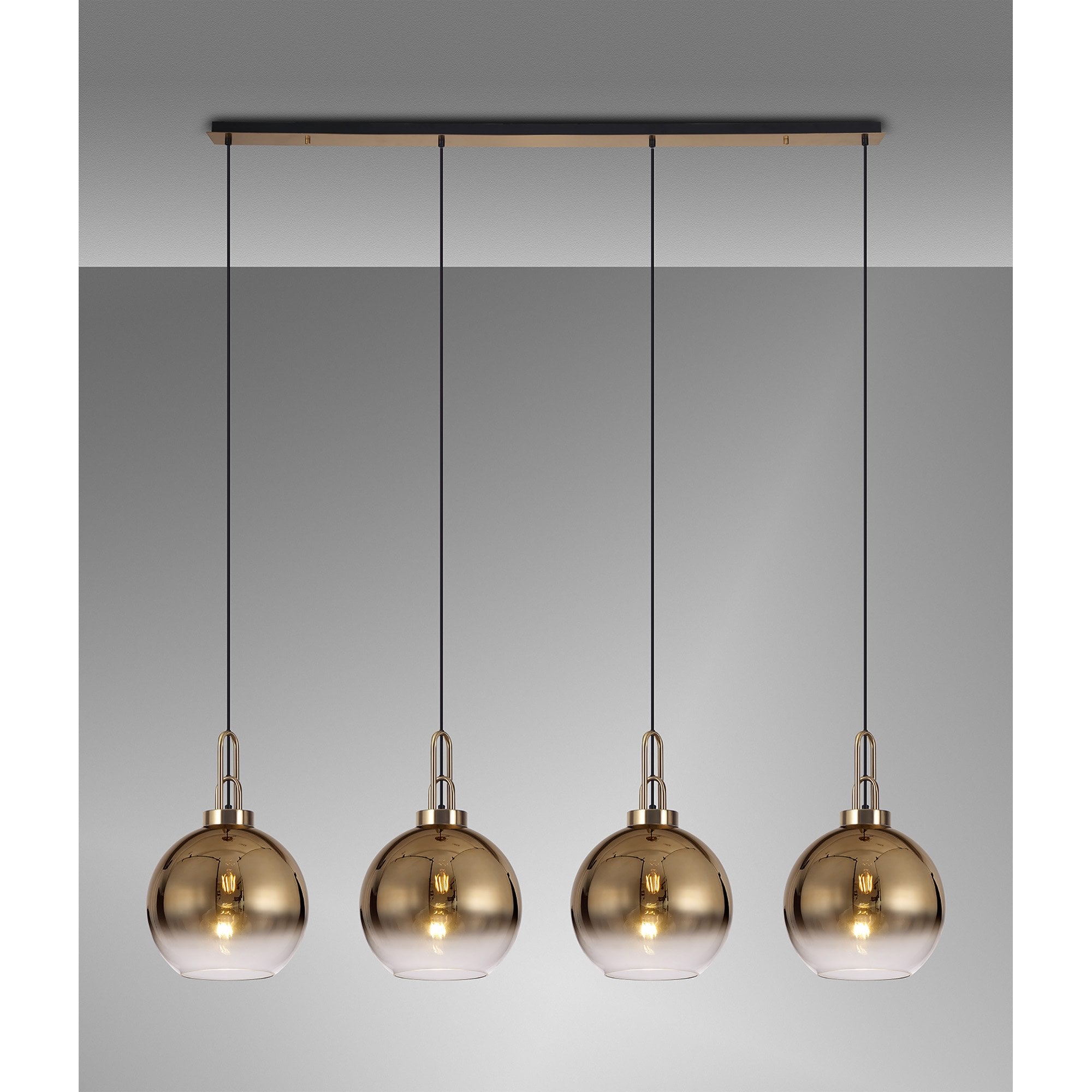 Fabula Springfield 4 Light Linear Pendant - 30cm Globe Glass Shades - Brass Gold & Brass Gold Fade Glass