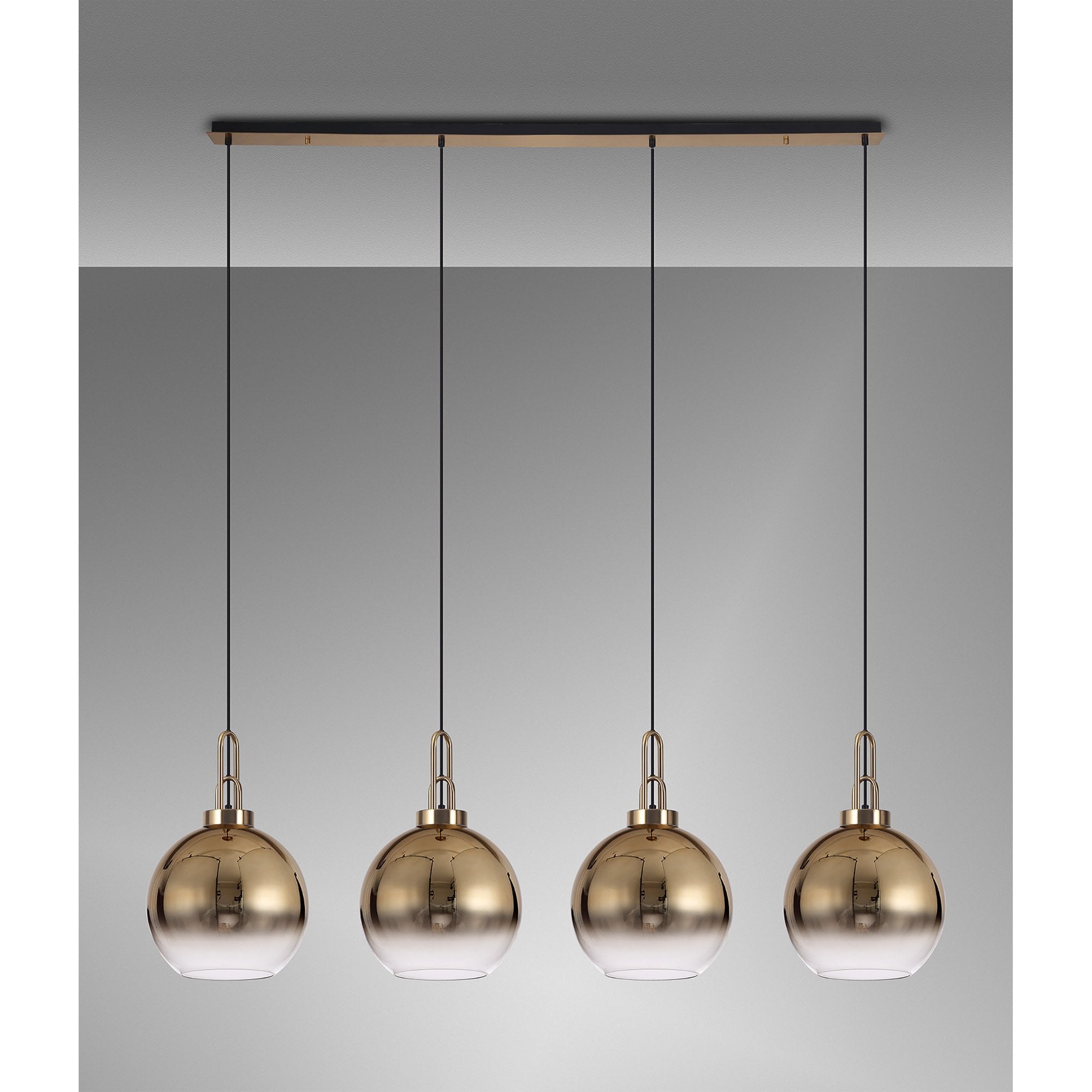 Fabula Springfield 4 Light Linear Pendant - 30cm Globe Glass Shades - Brass Gold & Brass Gold Fade Glass