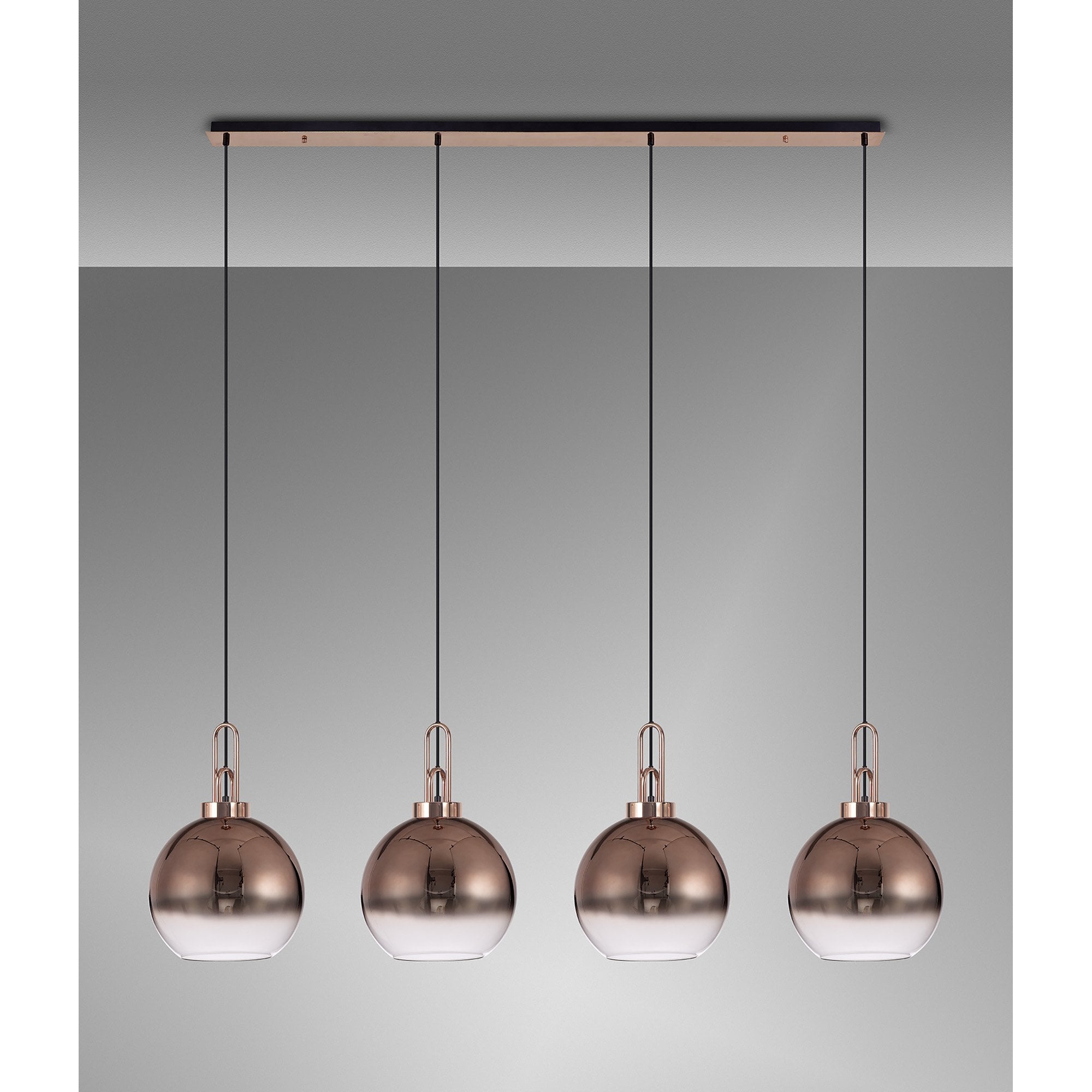 Fabula Springfield 4 Light Linear Pendant - 30cm Globe Glass Shades - Copper & Copper Fade Glass