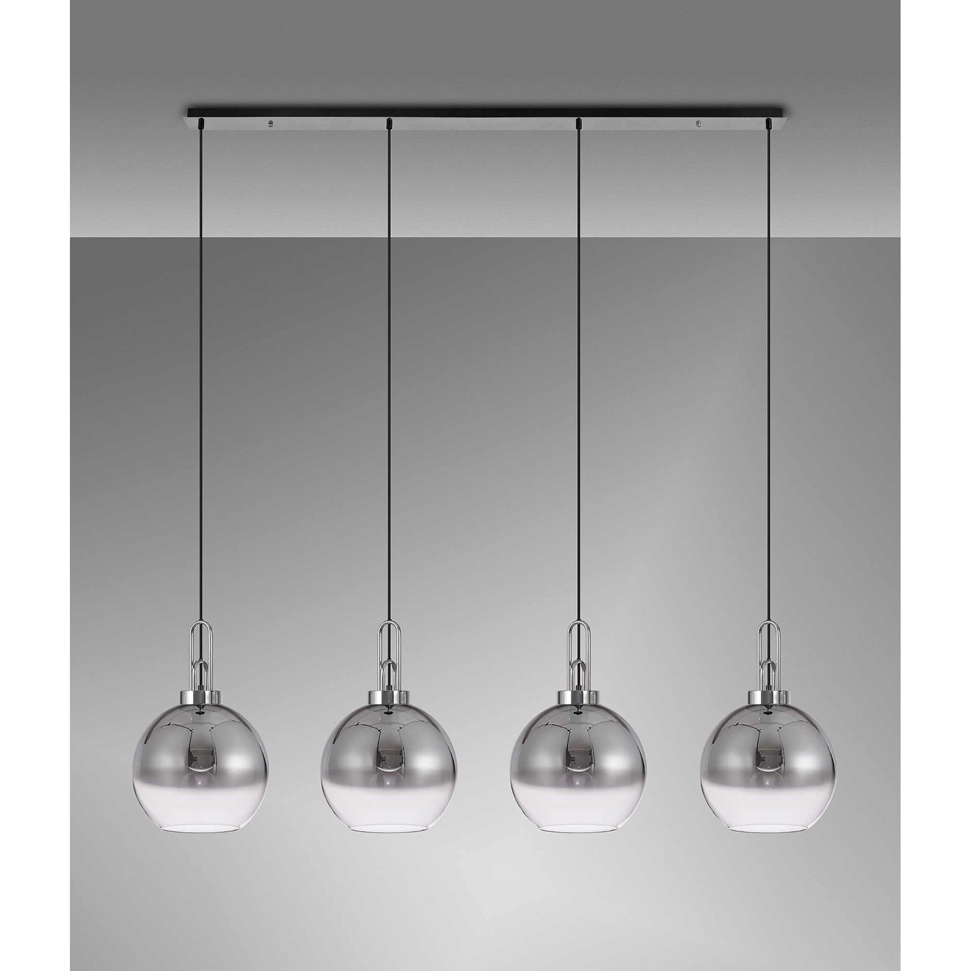 Fabula Springfield 4 Light Linear Pendant - 30cm Globe Glass Shades - Polished Nickel & Smoked Fade Glass