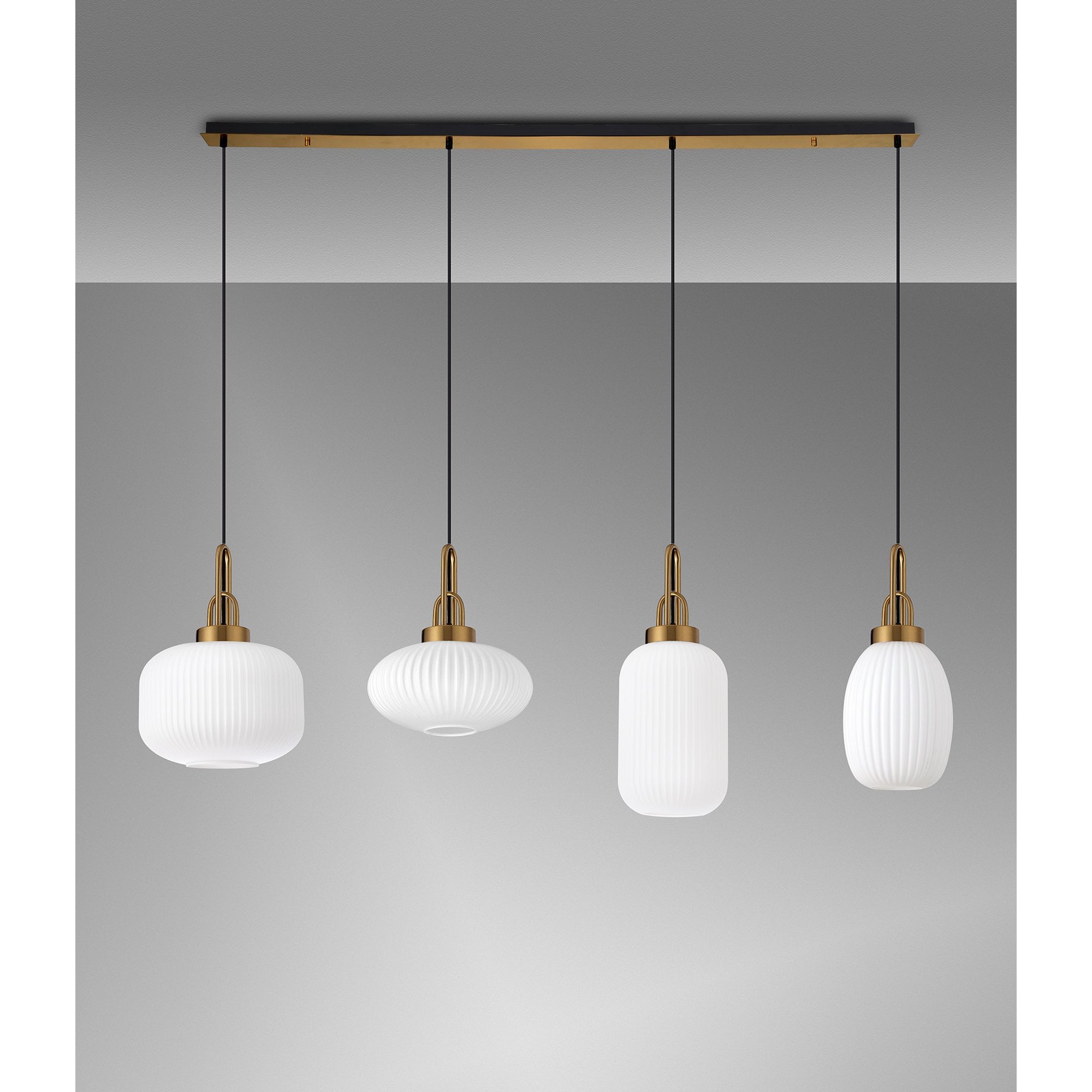 Fabula Springfield 4 Light Linear Pendant - Mixed Glass Shades - Brass Gold & Opal Glass