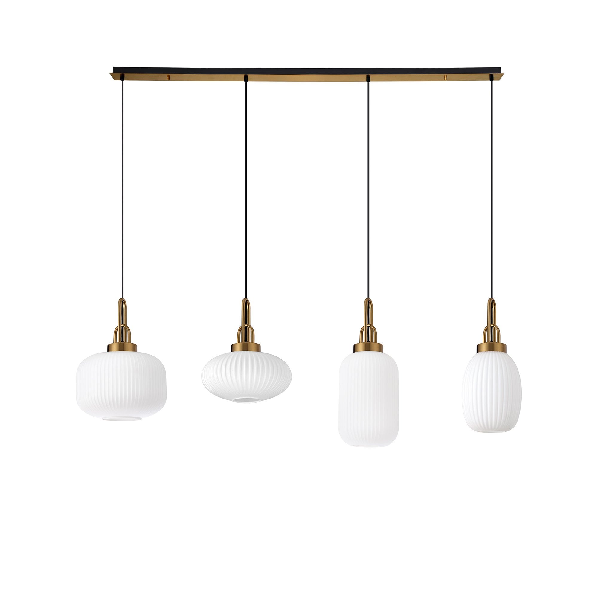 Fabula Springfield 4 Light Linear Pendant - Mixed Glass Shades - Brass Gold & Opal Glass