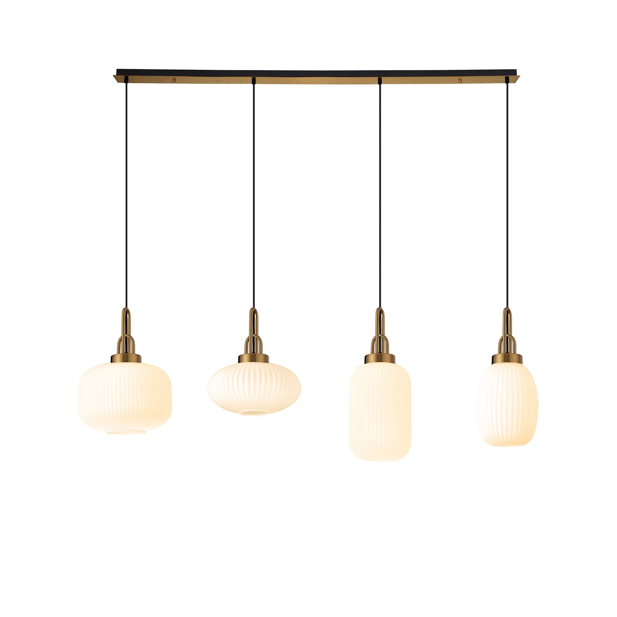 Fabula Springfield 4 Light Linear Pendant - Mixed Glass Shades - Brass Gold & Opal Glass