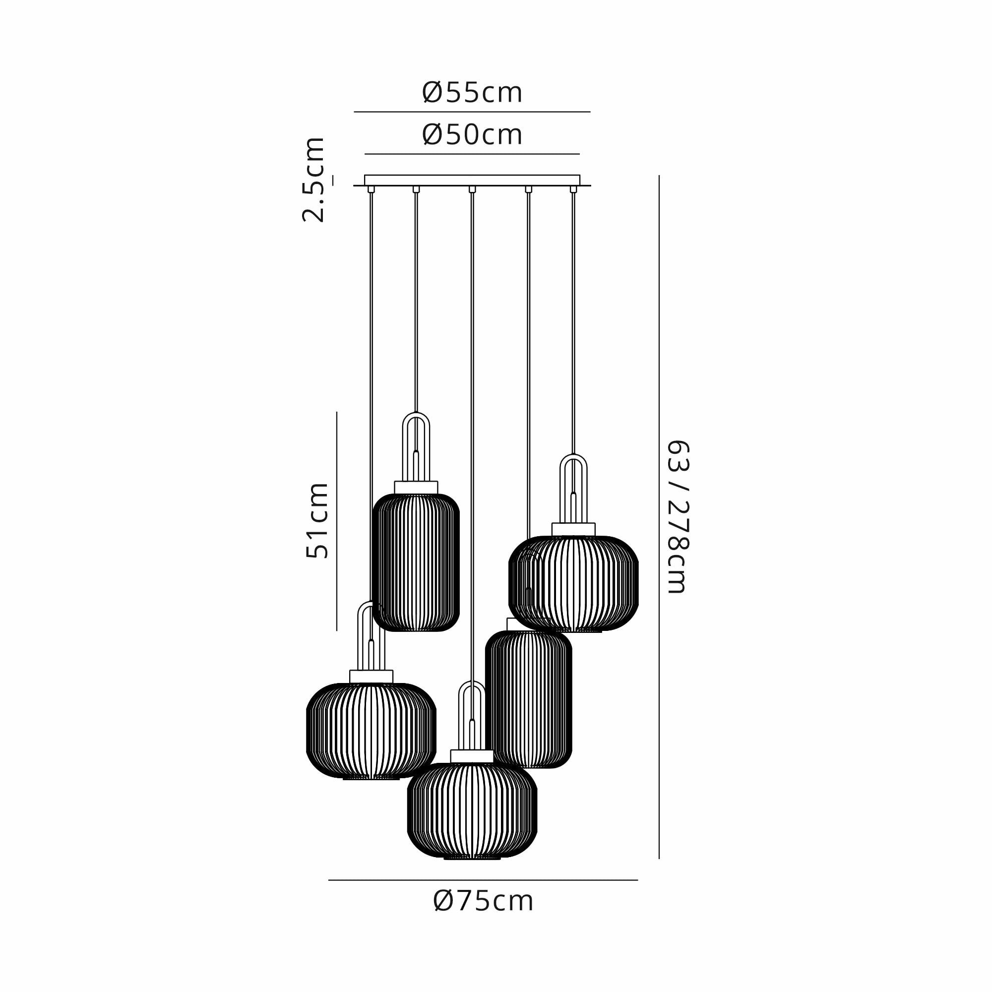 Fabula Springfield 5 Light Round Pendant - Mixed Glass Shades - Black Chrome & Multi-Colour Glass