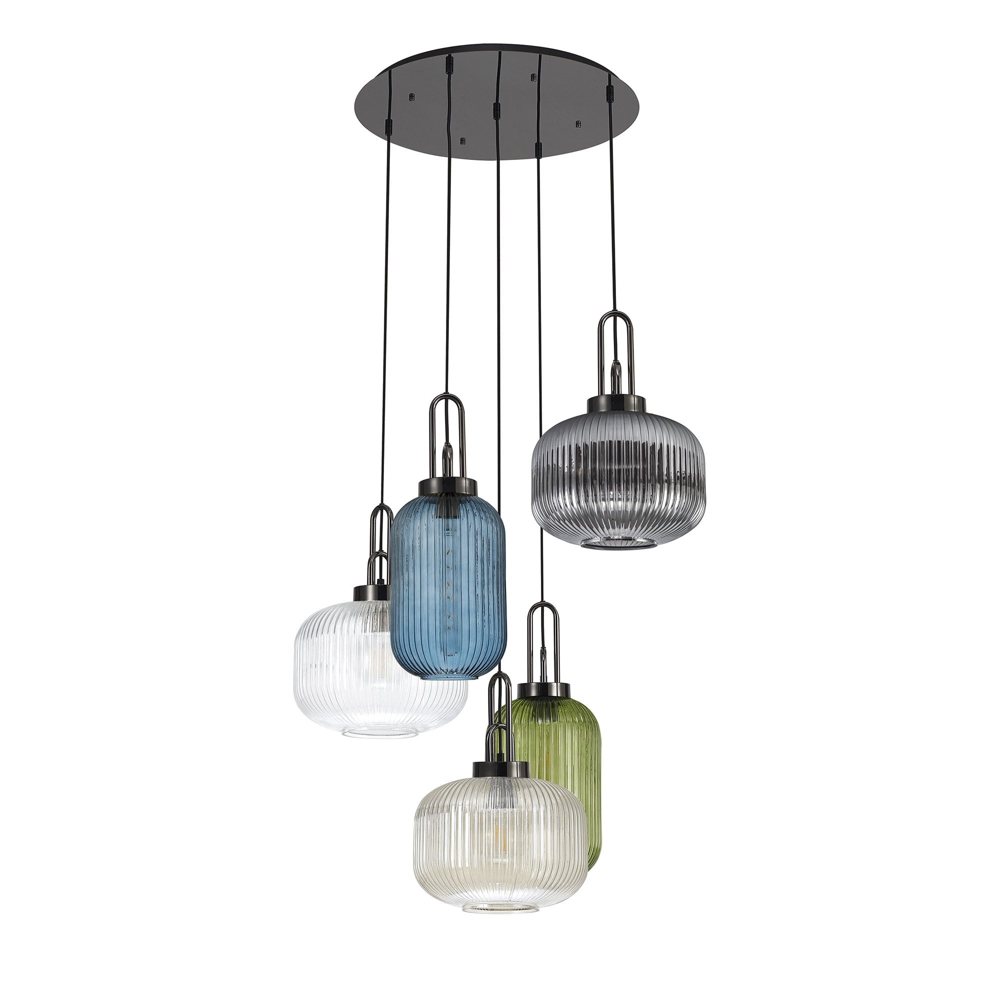 Fabula Springfield 5 Light Round Pendant - Mixed Glass Shades - Black Chrome & Multi-Colour Glass