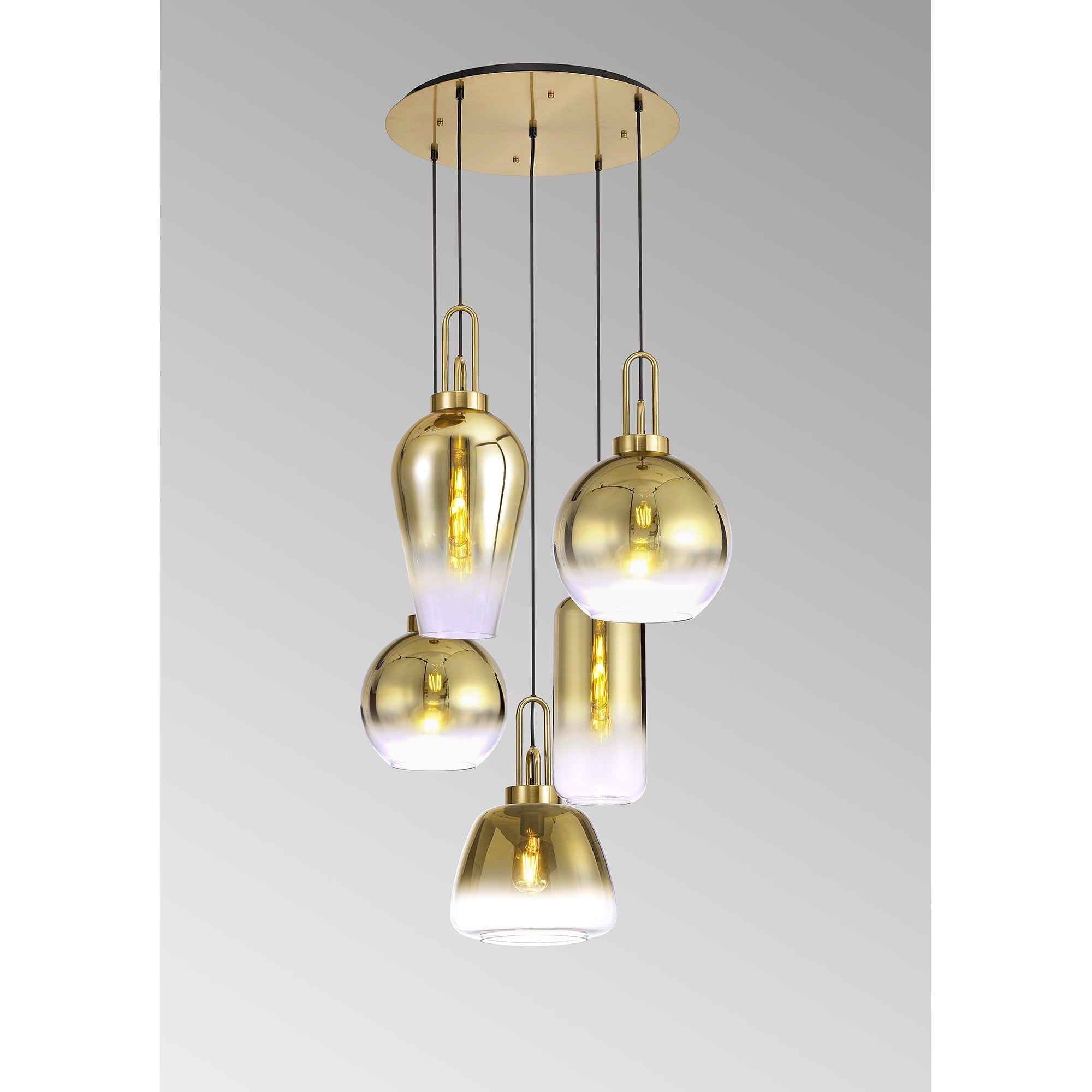 Fabula Springfield 5 Light Round Pendant - Mixed Glass Shades - Brass Gold & Multi-Colour Glass