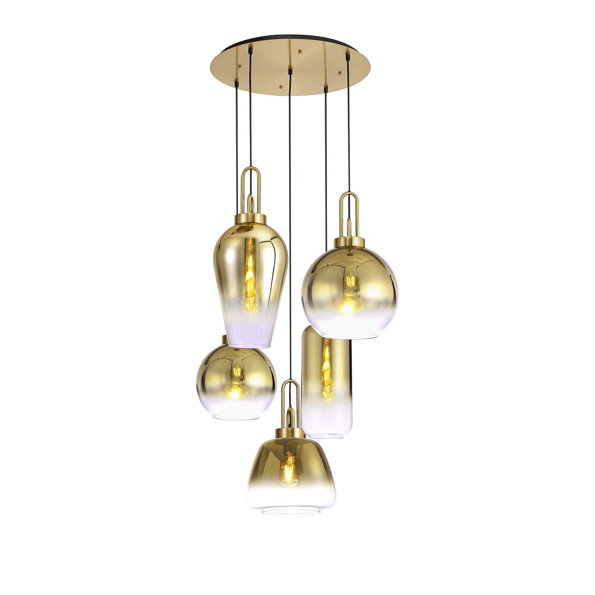 Fabula Springfield 5 Light Round Pendant - Mixed Glass Shades - Brass Gold & Multi-Colour Glass