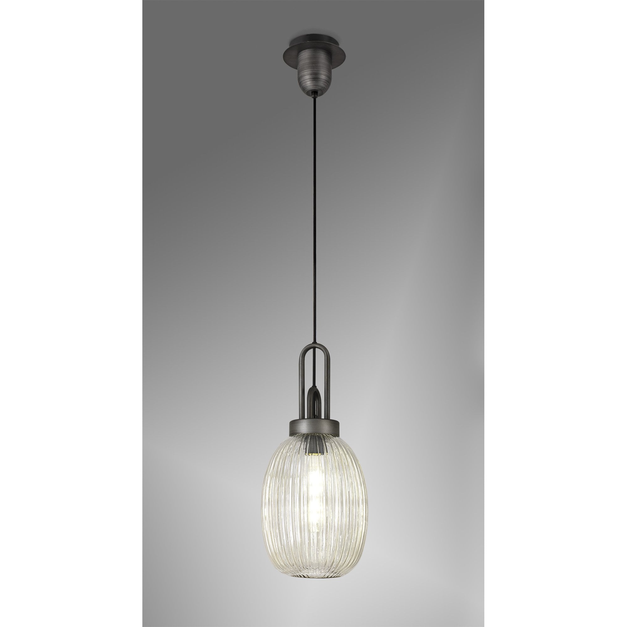 Fabula Springfield Single Pendant - 20cm Almond Ribbed Glass Shade - Aged Pewter & Champagne Glass