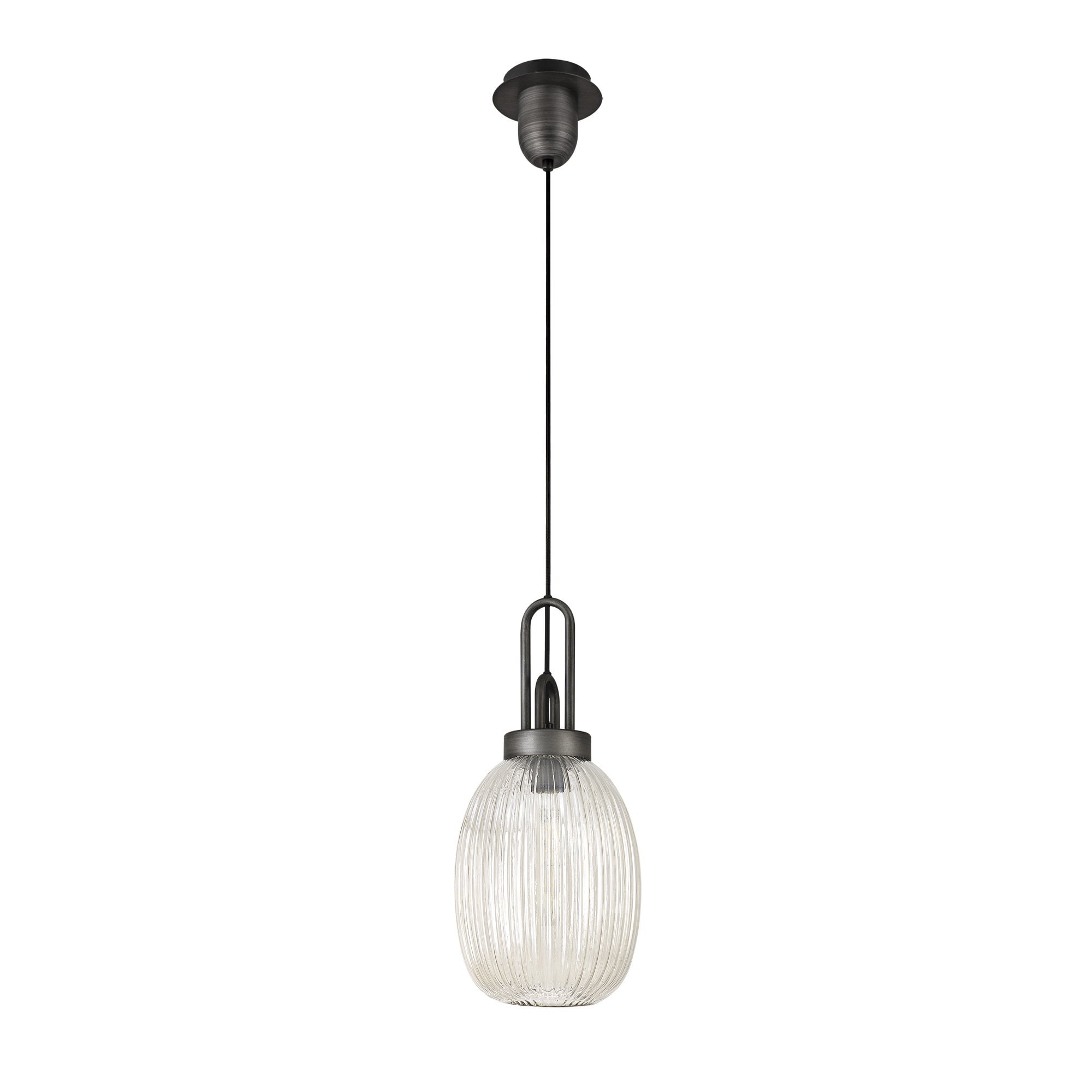 Fabula Springfield Single Pendant - 20cm Almond Ribbed Glass Shade - Aged Pewter & Champagne Glass
