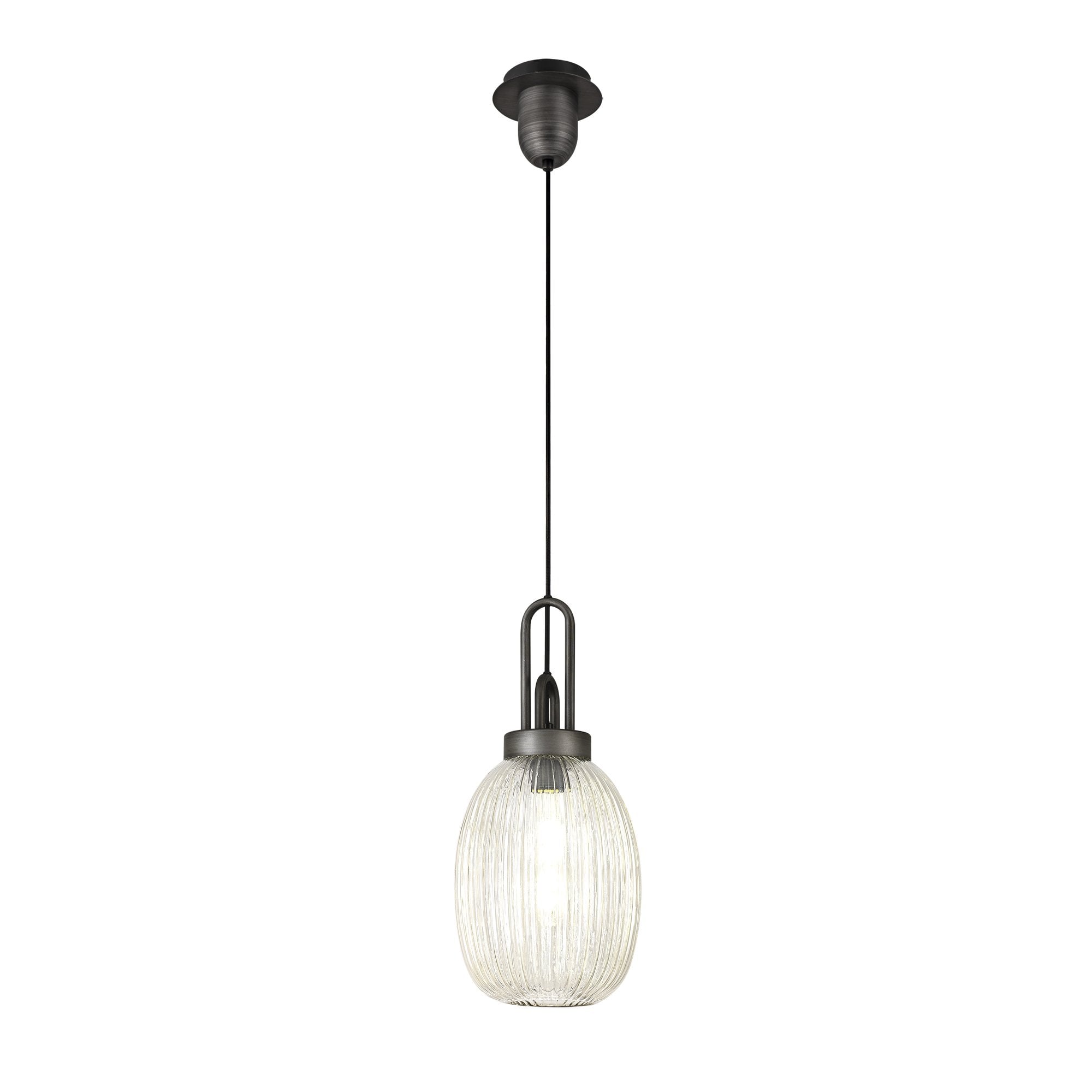 Fabula Springfield Single Pendant - 20cm Almond Ribbed Glass Shade - Aged Pewter & Champagne Glass