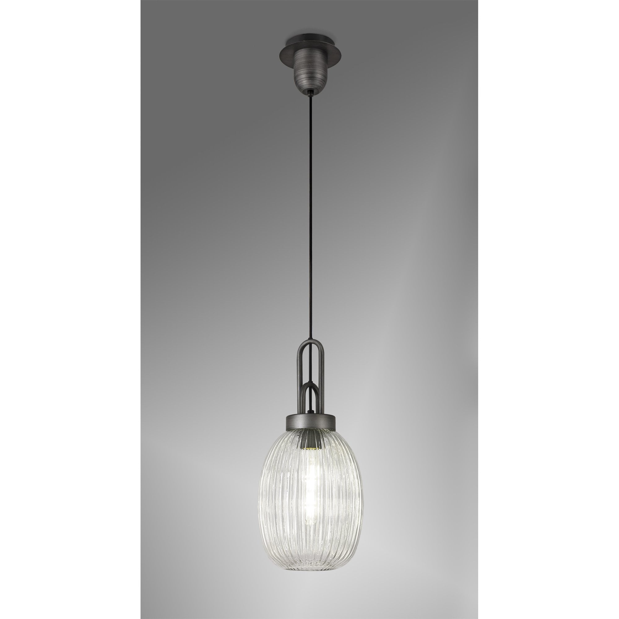 Fabula Springfield Single Pendant - 20cm Almond Ribbed Glass Shade - Aged Pewter & Clear Glass