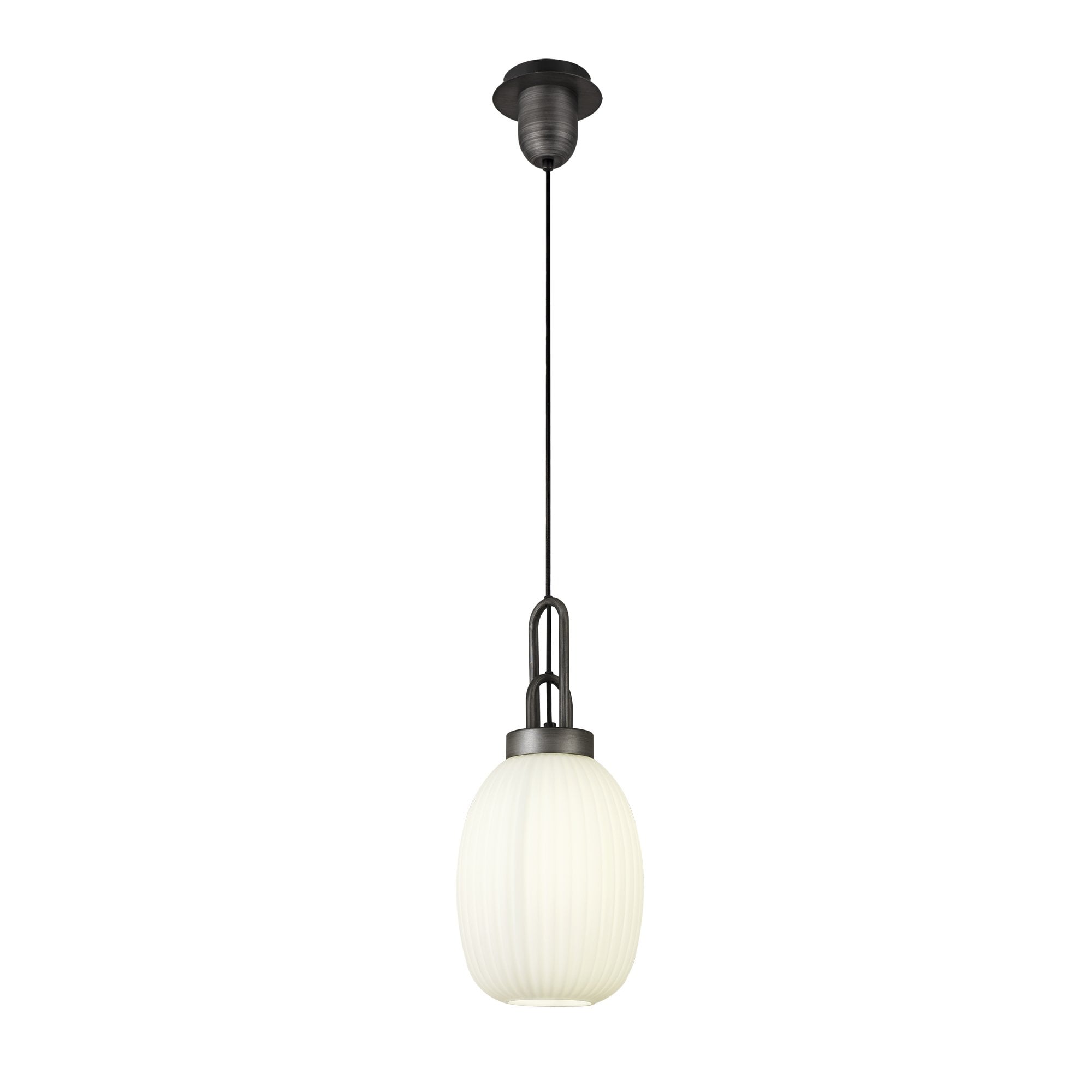 Fabula Springfield Single Pendant - 20cm Almond Ribbed Glass Shade - Aged Pewter & Opal Glass