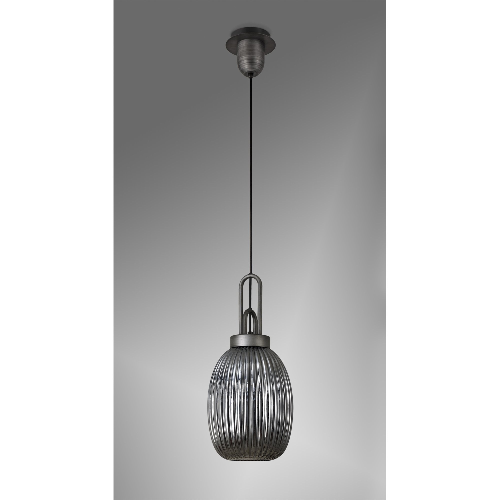 Fabula Springfield Single Pendant - 20cm Almond Ribbed Glass Shade - Aged Pewter & Smoked Glass