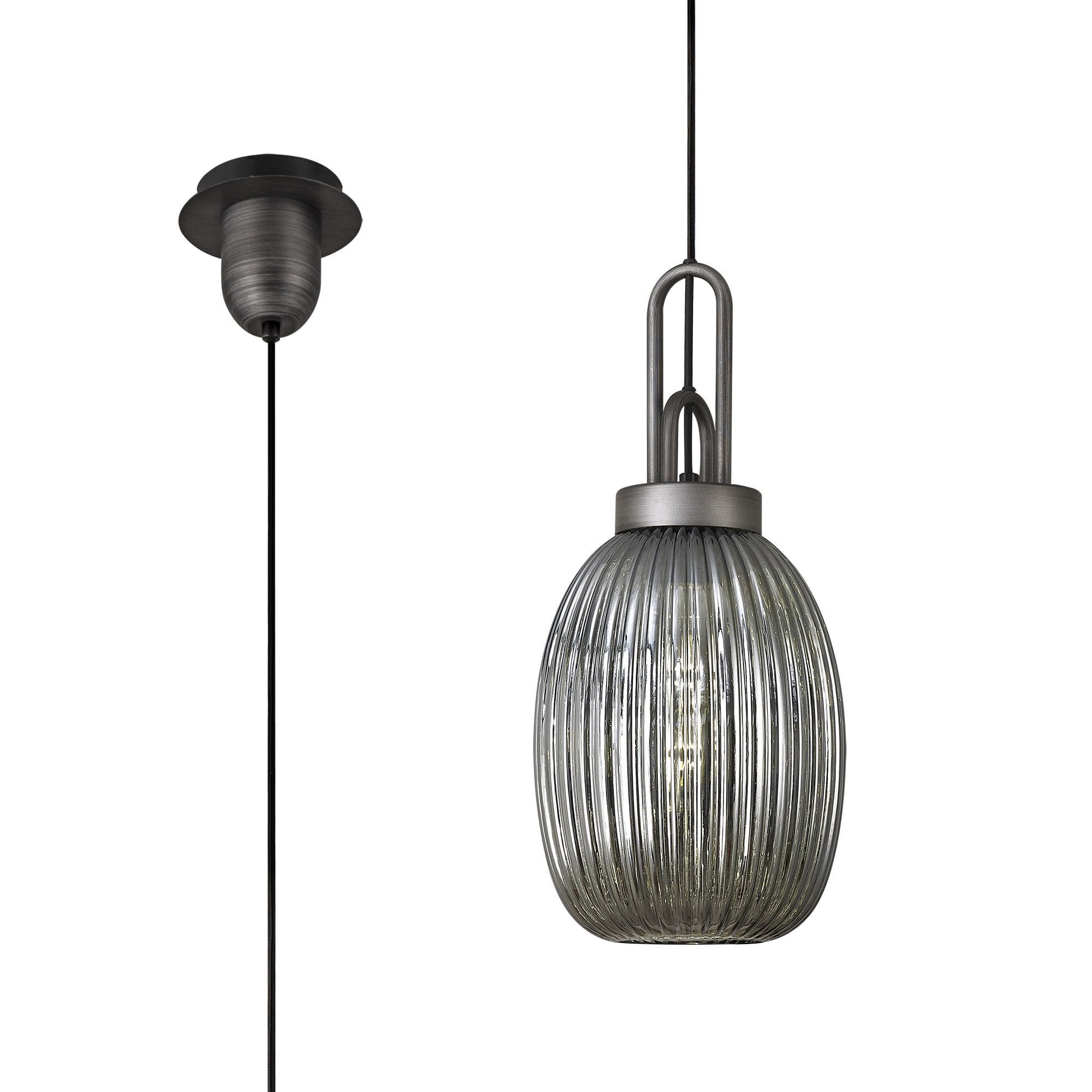 Fabula Springfield Single Pendant - 20cm Almond Ribbed Glass Shade - Aged Pewter & Smoked Glass