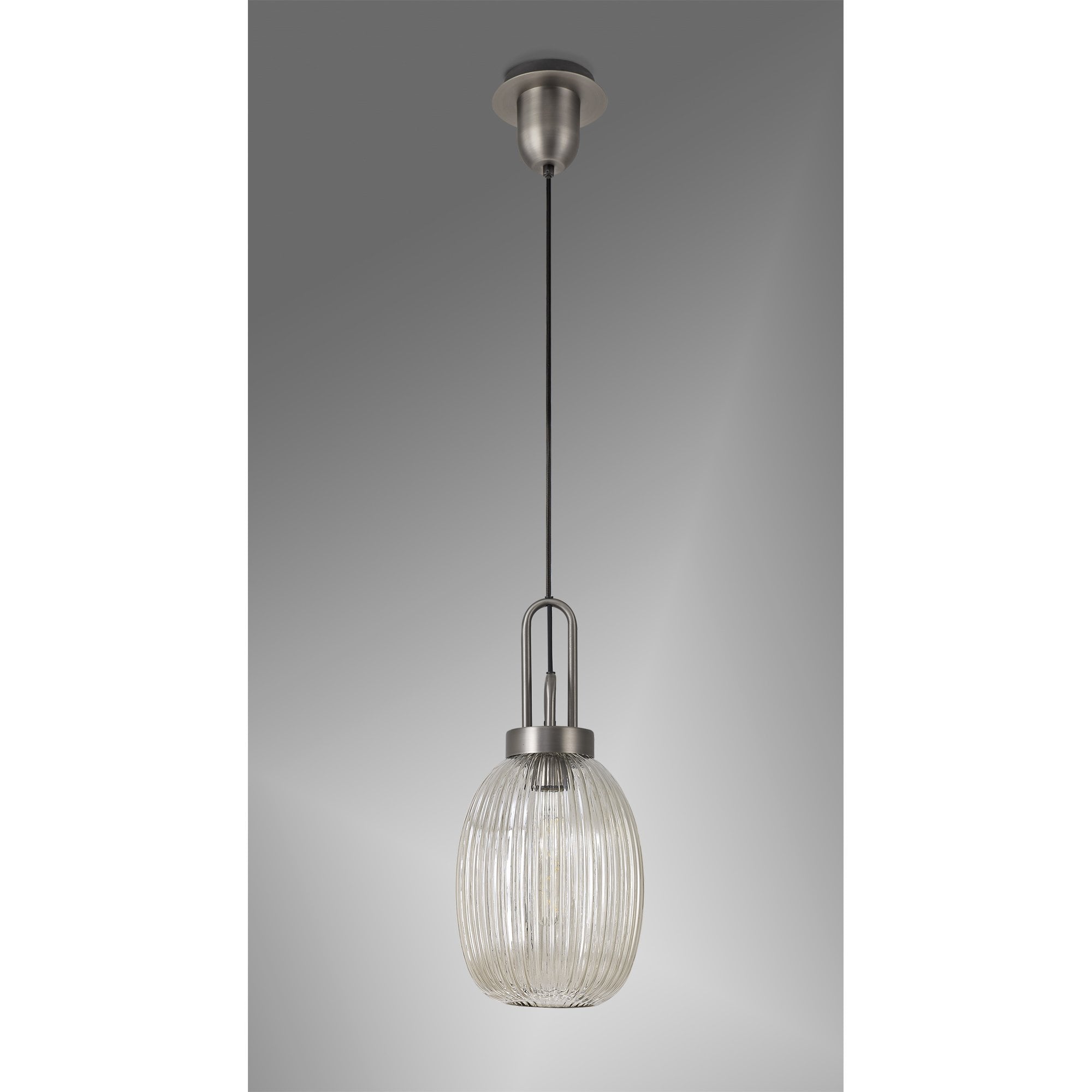 Fabula Springfield Single Pendant - 20cm Almond Ribbed Glass Shade - Antique Silver & Champagne Glass