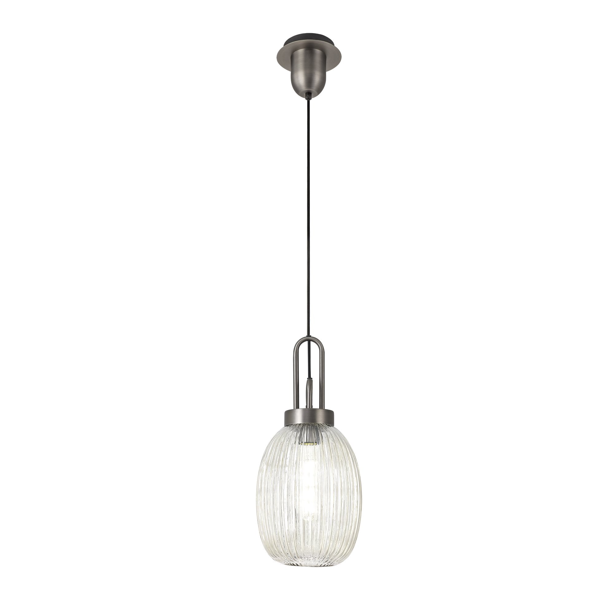 Fabula Springfield Single Pendant - 20cm Almond Ribbed Glass Shade - Antique Silver & Champagne Glass