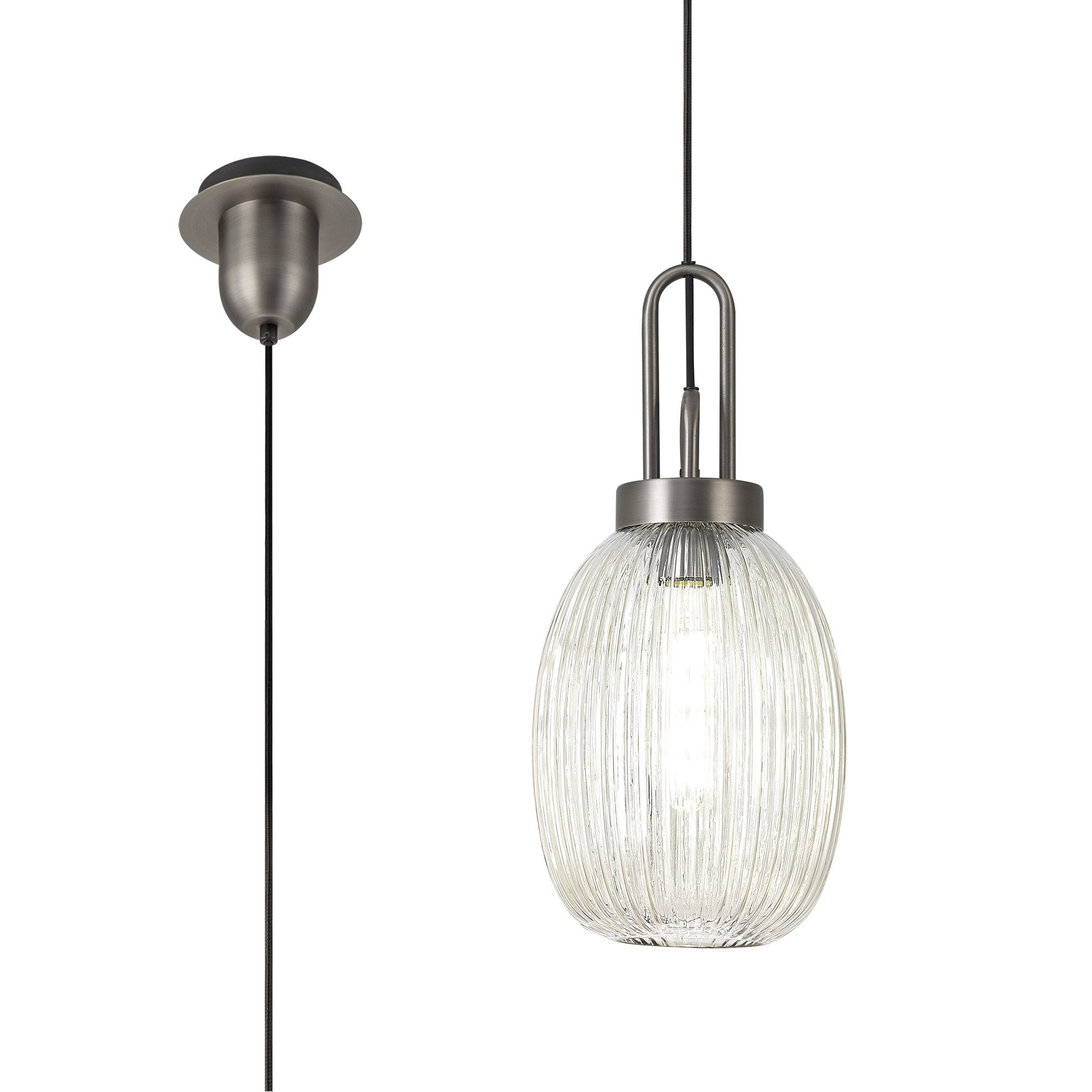 Fabula Springfield Single Pendant - 20cm Almond Ribbed Glass Shade - Antique Silver & Champagne Glass