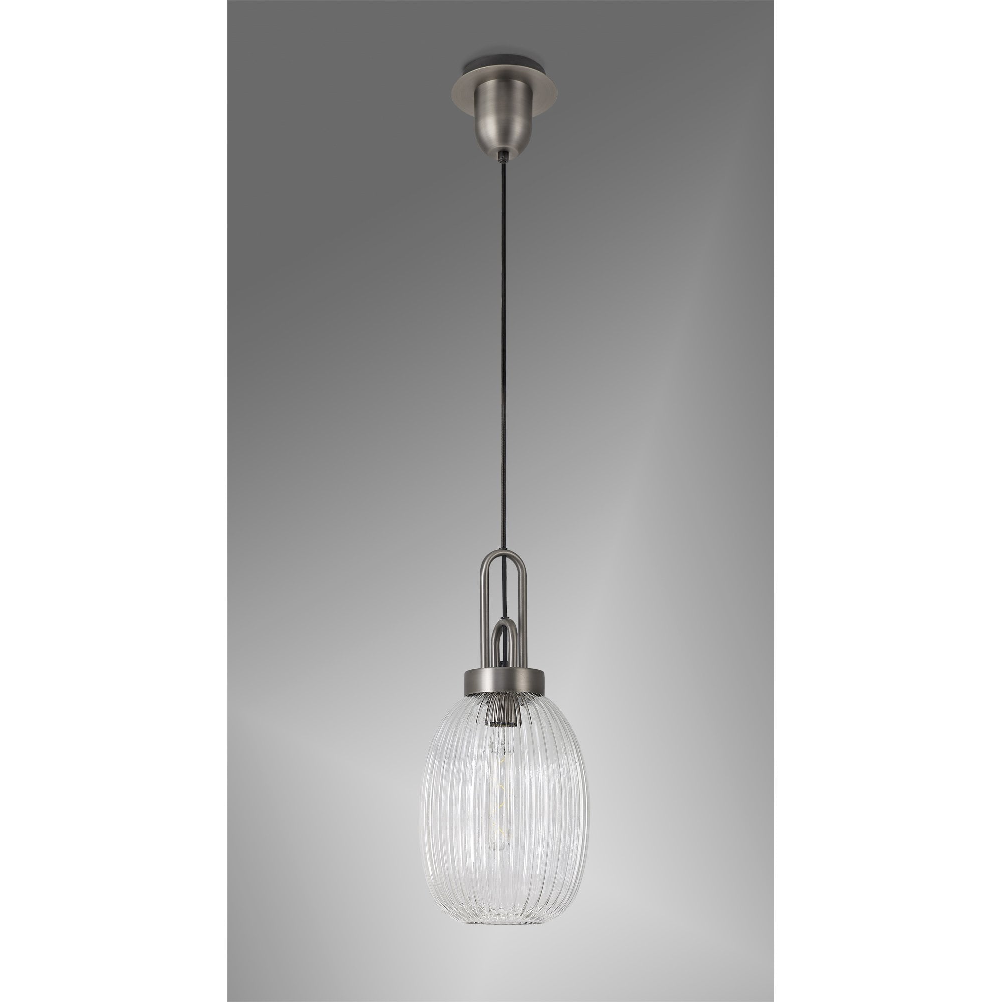 Fabula Springfield Single Pendant - 20cm Almond Ribbed Glass Shade - Antique Silver & Clear Glass