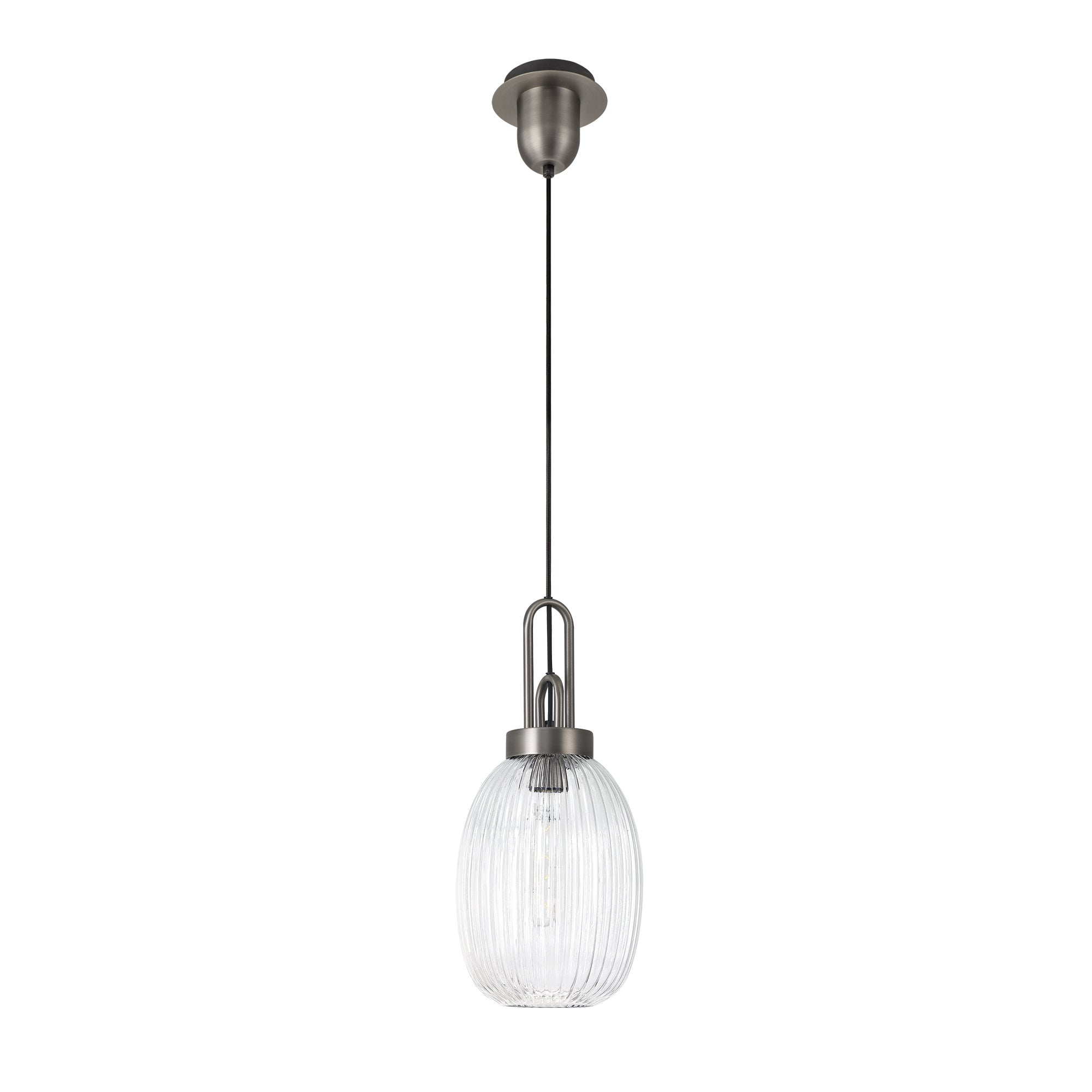 Fabula Springfield Single Pendant - 20cm Almond Ribbed Glass Shade - Antique Silver & Clear Glass