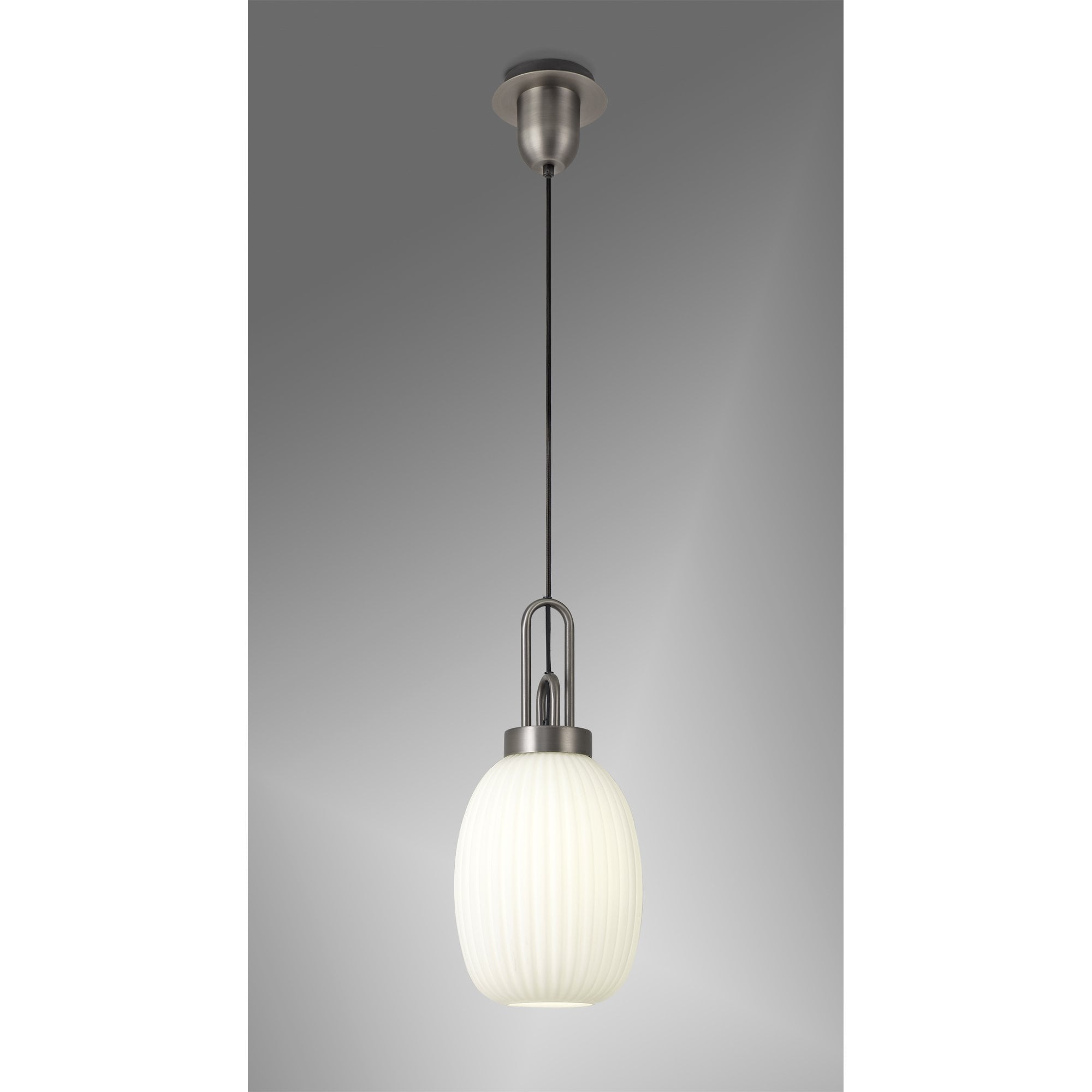 Fabula Springfield Single Pendant - 20cm Almond Ribbed Glass Shade - Antique Silver & Opal Glass