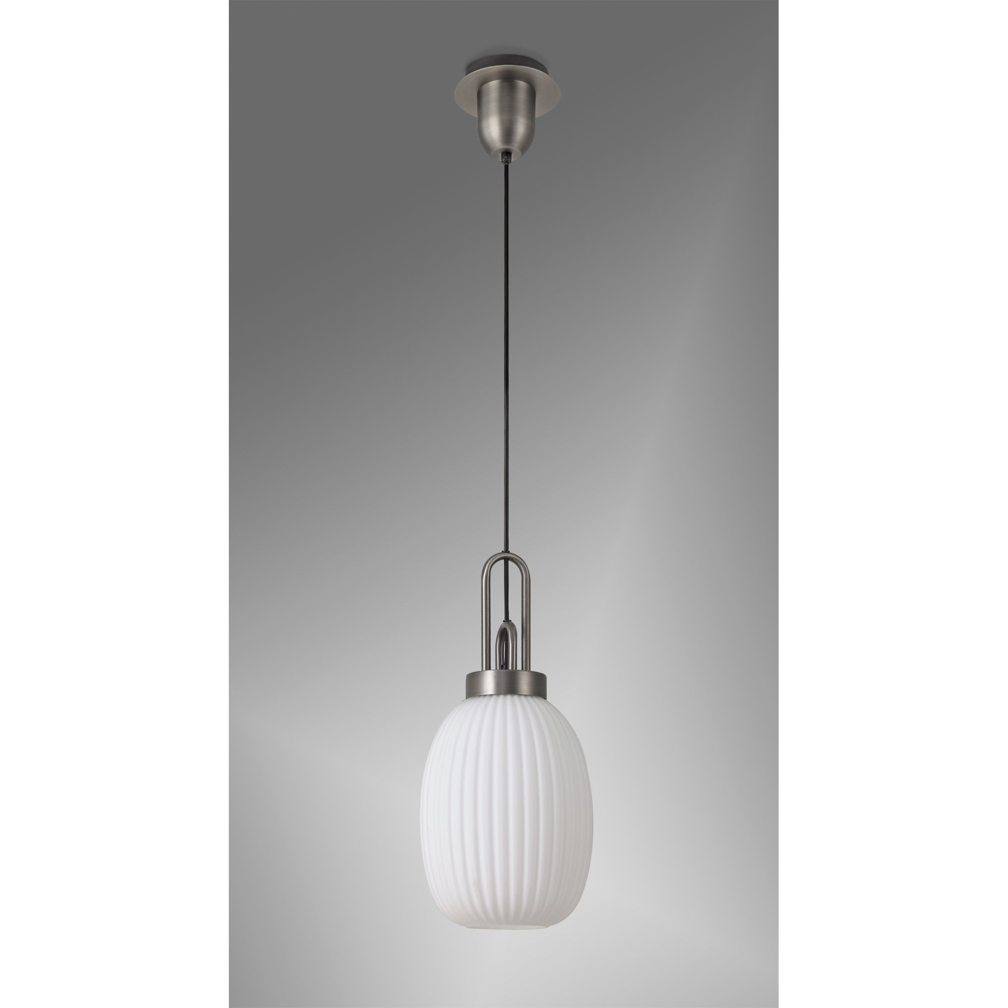 Fabula Springfield Single Pendant - 20cm Almond Ribbed Glass Shade - Antique Silver & Opal Glass