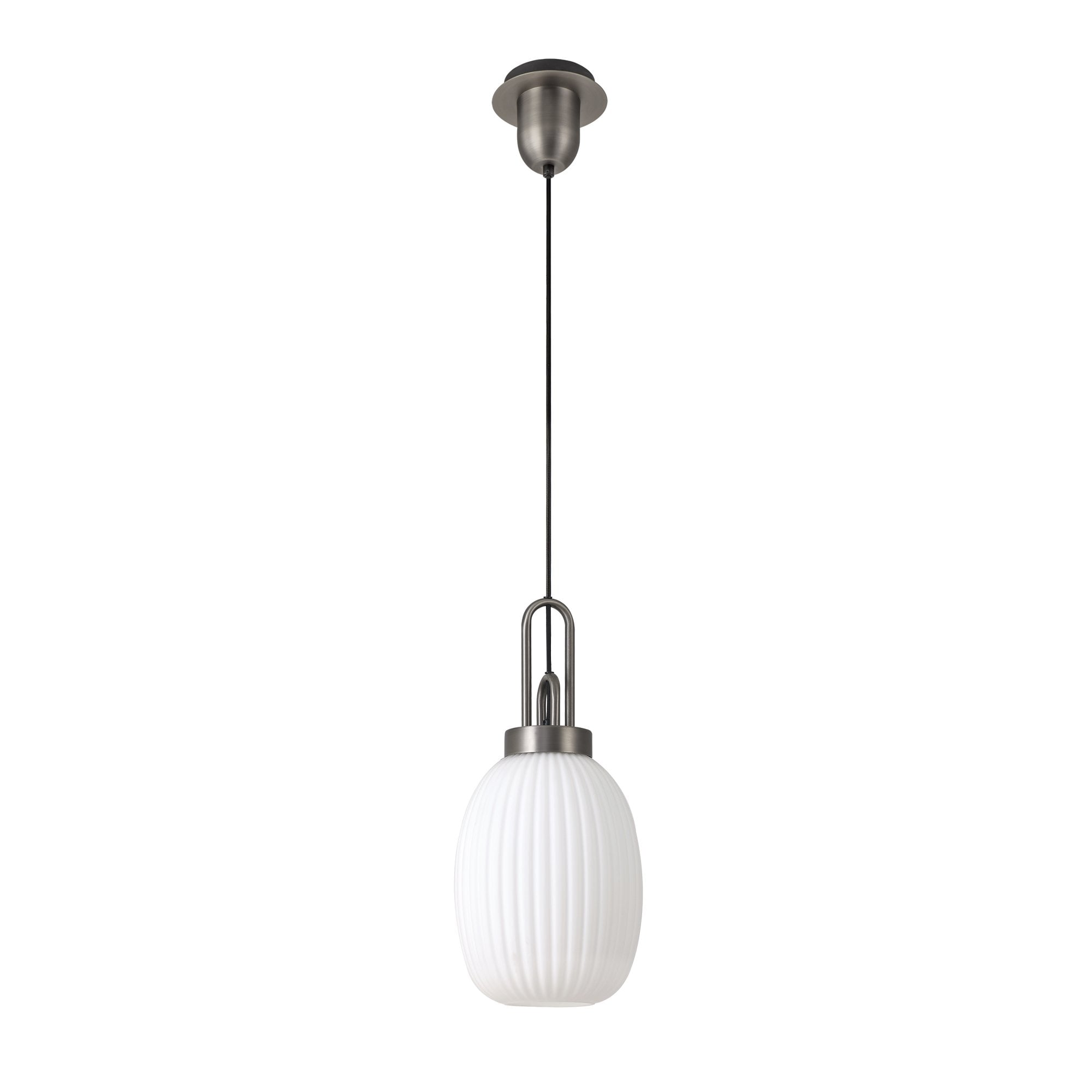 Fabula Springfield Single Pendant - 20cm Almond Ribbed Glass Shade - Antique Silver & Opal Glass