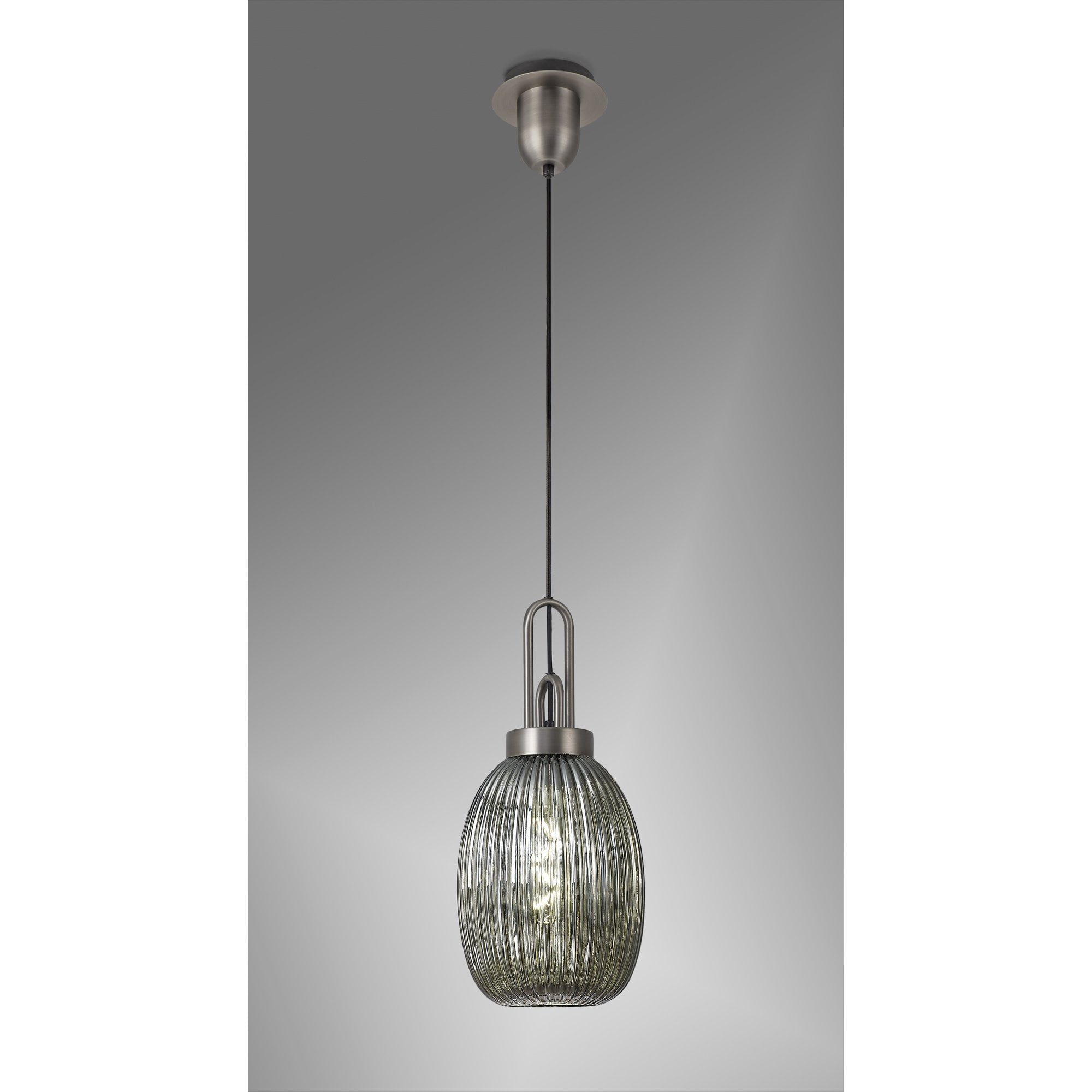 Fabula Springfield Single Pendant - 20cm Almond Ribbed Glass Shade - Antique Silver & Smoked Glass