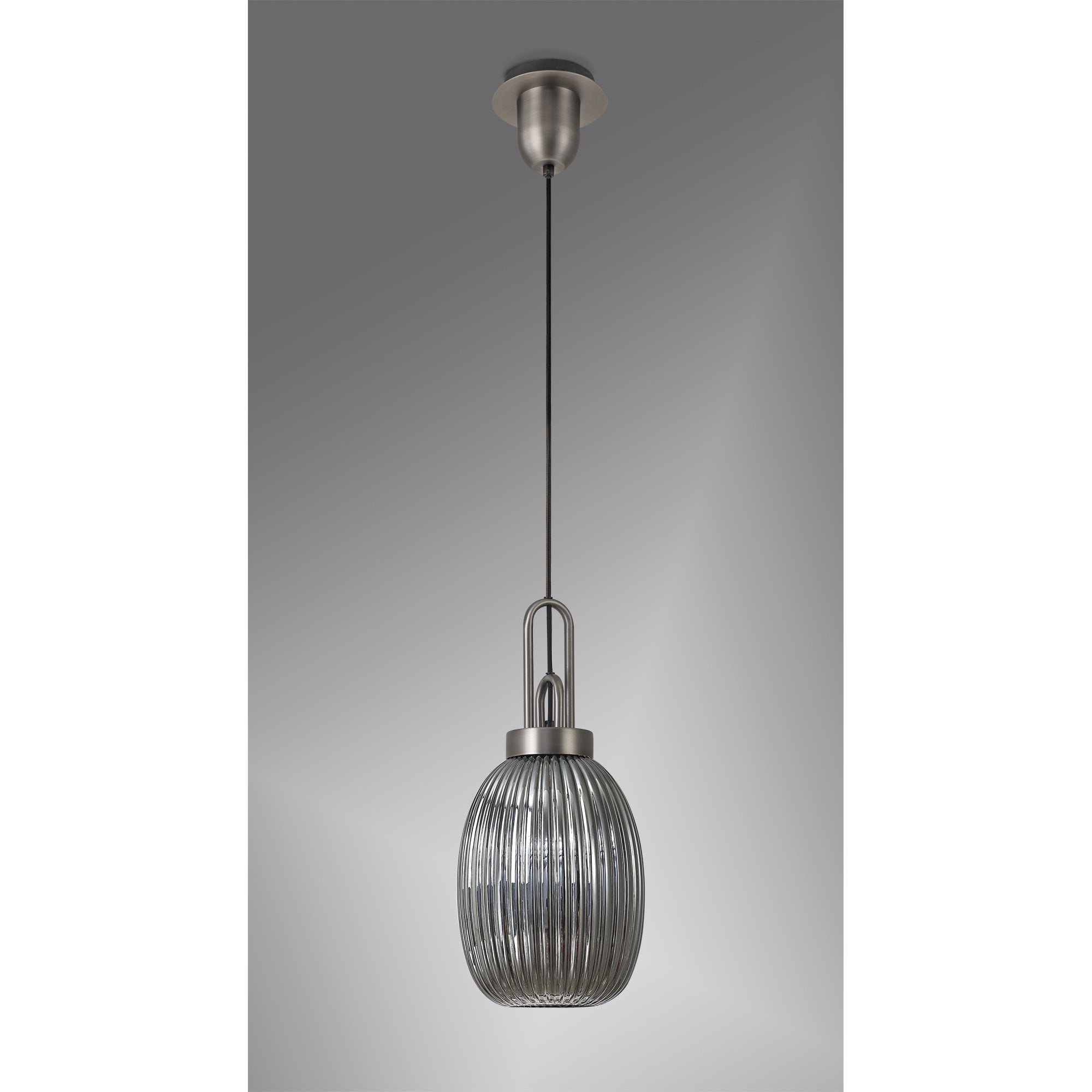 Fabula Springfield Single Pendant - 20cm Almond Ribbed Glass Shade - Antique Silver & Smoked Glass