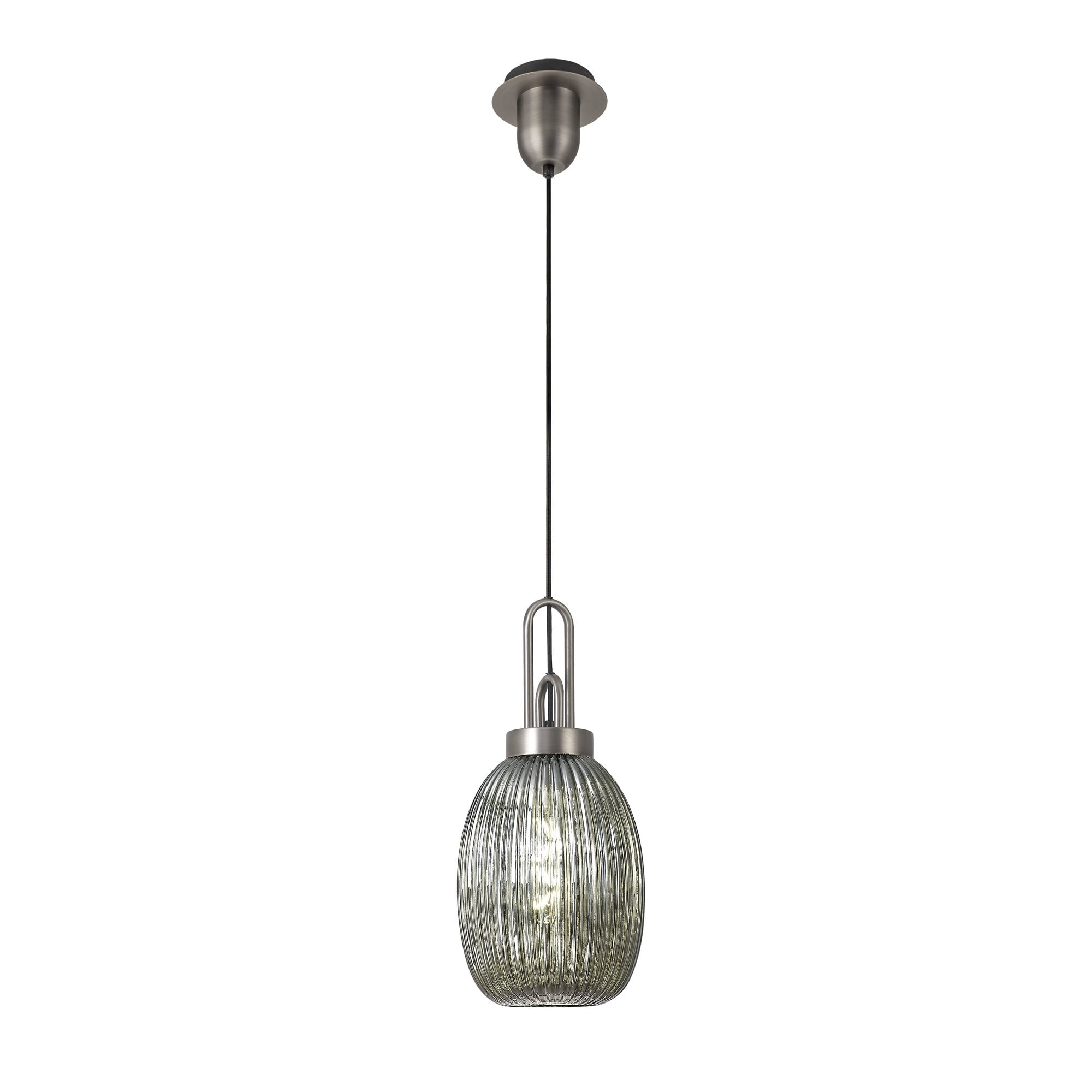Fabula Springfield Single Pendant - 20cm Almond Ribbed Glass Shade - Antique Silver & Smoked Glass