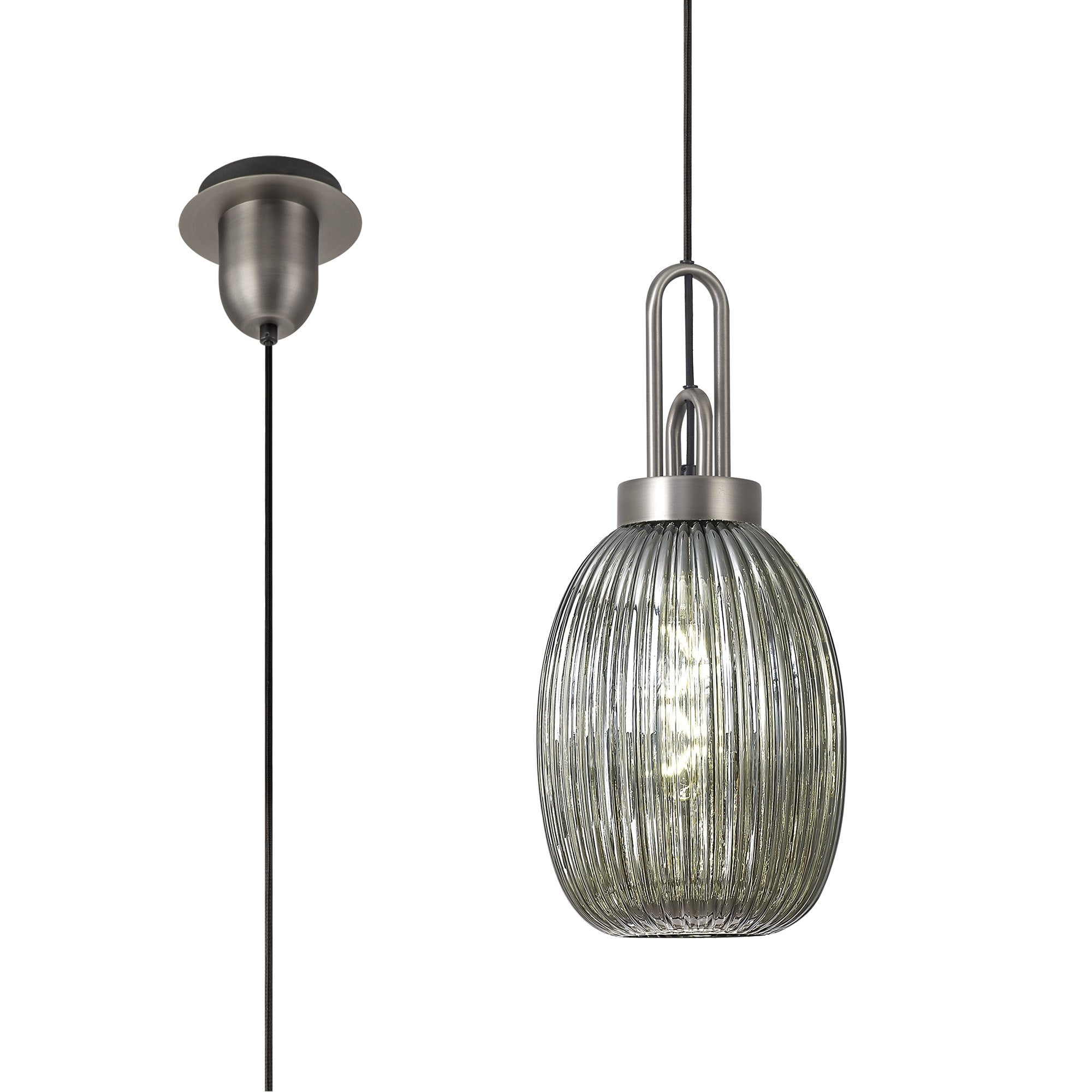 Fabula Springfield Single Pendant - 20cm Almond Ribbed Glass Shade - Antique Silver & Smoked Glass
