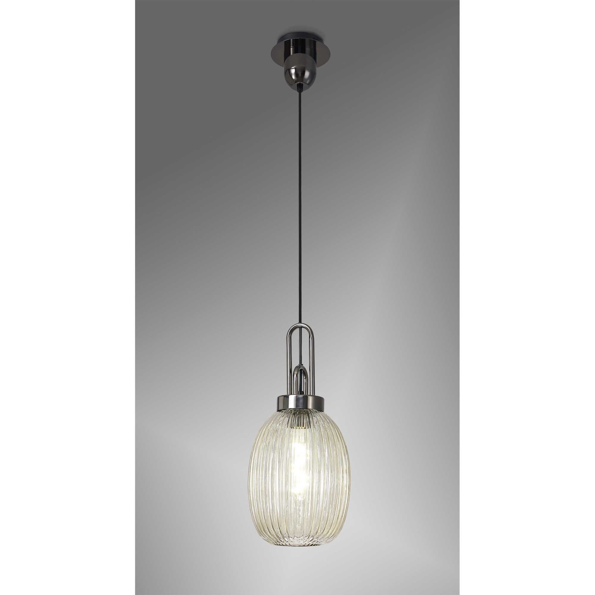 Fabula Springfield Single Pendant - 20cm Almond Ribbed Glass Shade - Black Chrome & Champagne Glass