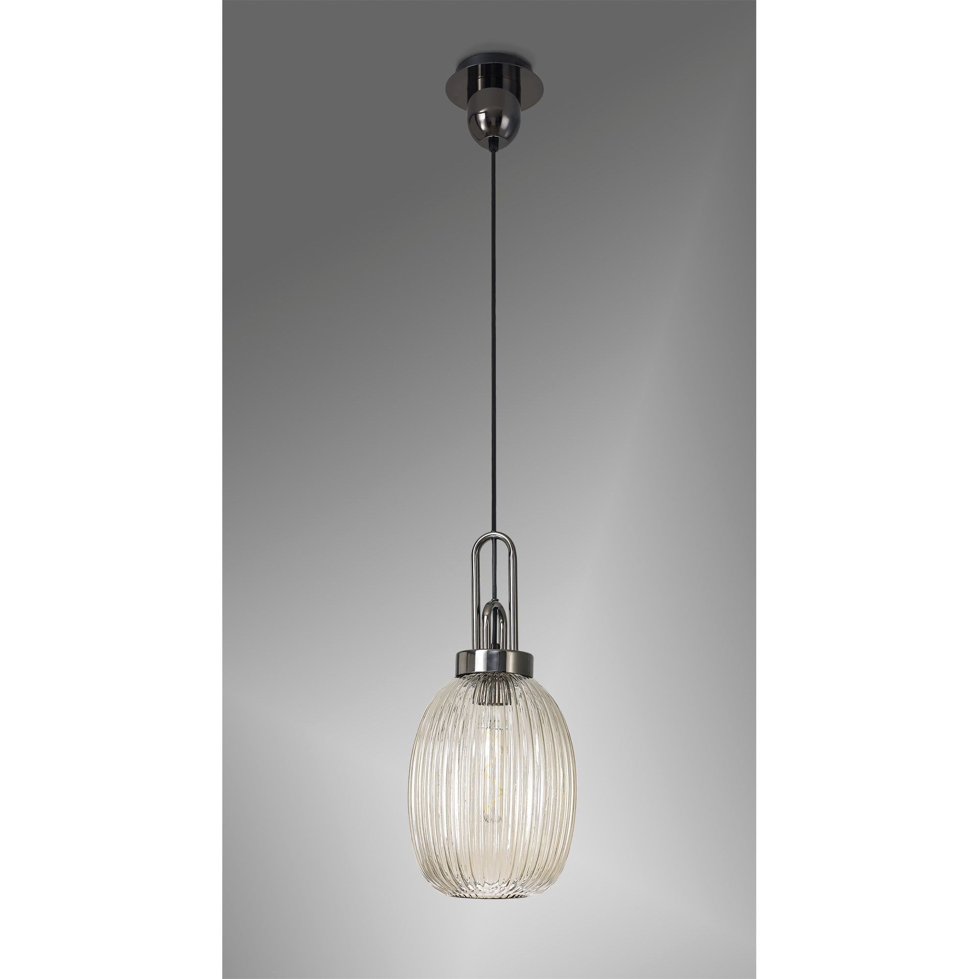 Fabula Springfield Single Pendant - 20cm Almond Ribbed Glass Shade - Black Chrome & Champagne Glass